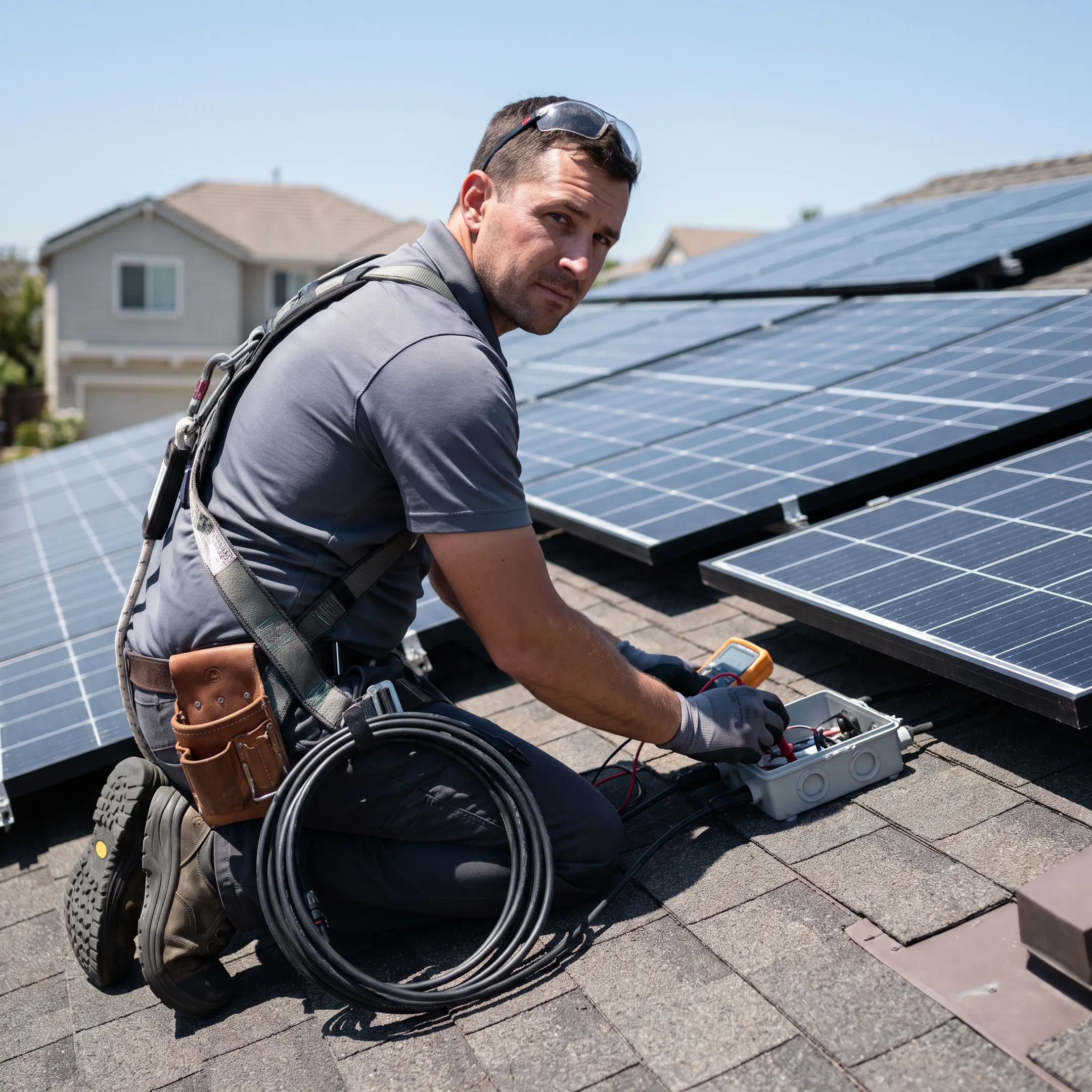 Technician inspecting rooftop solar panels
