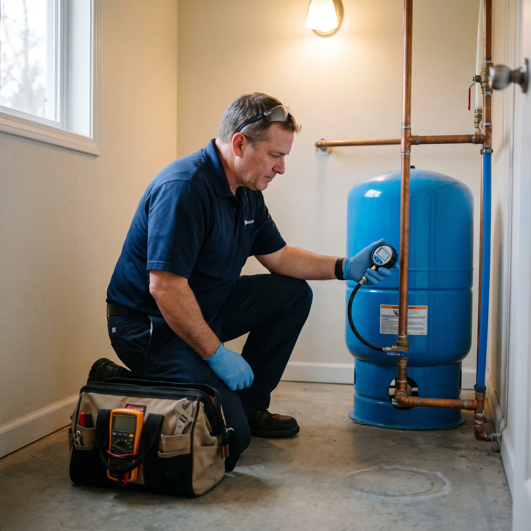 Technician inspecting a residential water well pump system