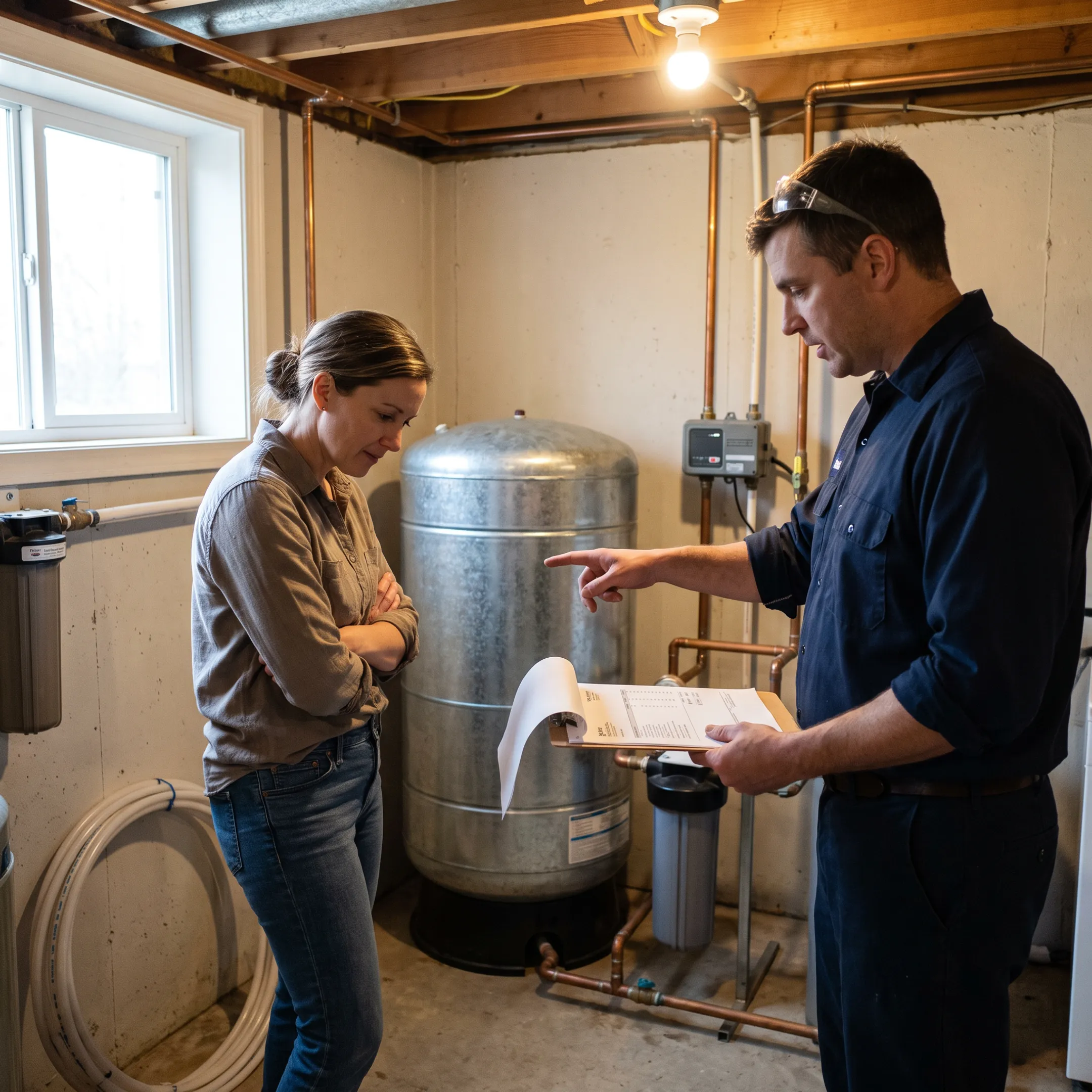 Homeowner reviewing well pump service estimate with technician