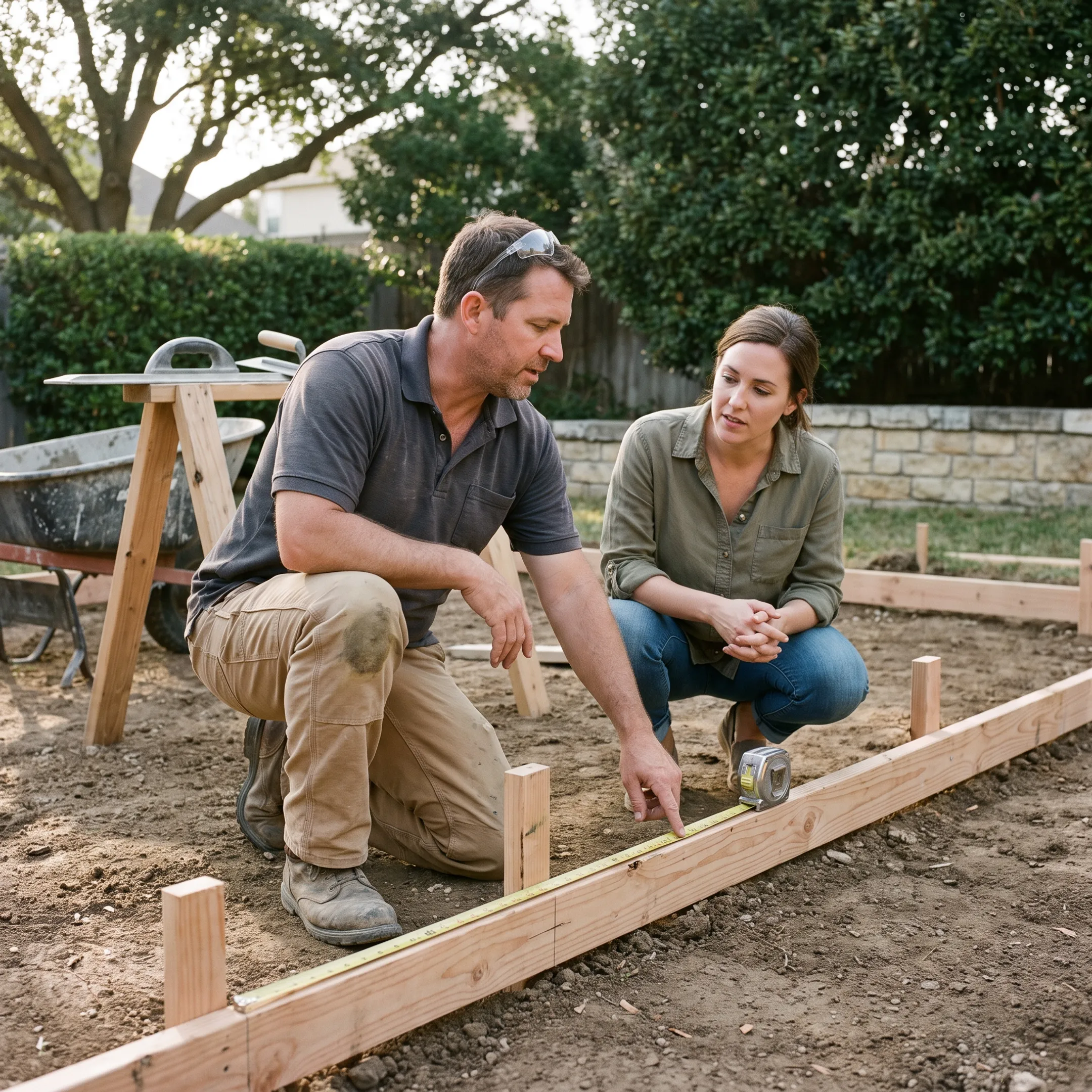 Contractor planning a backyard concrete patio