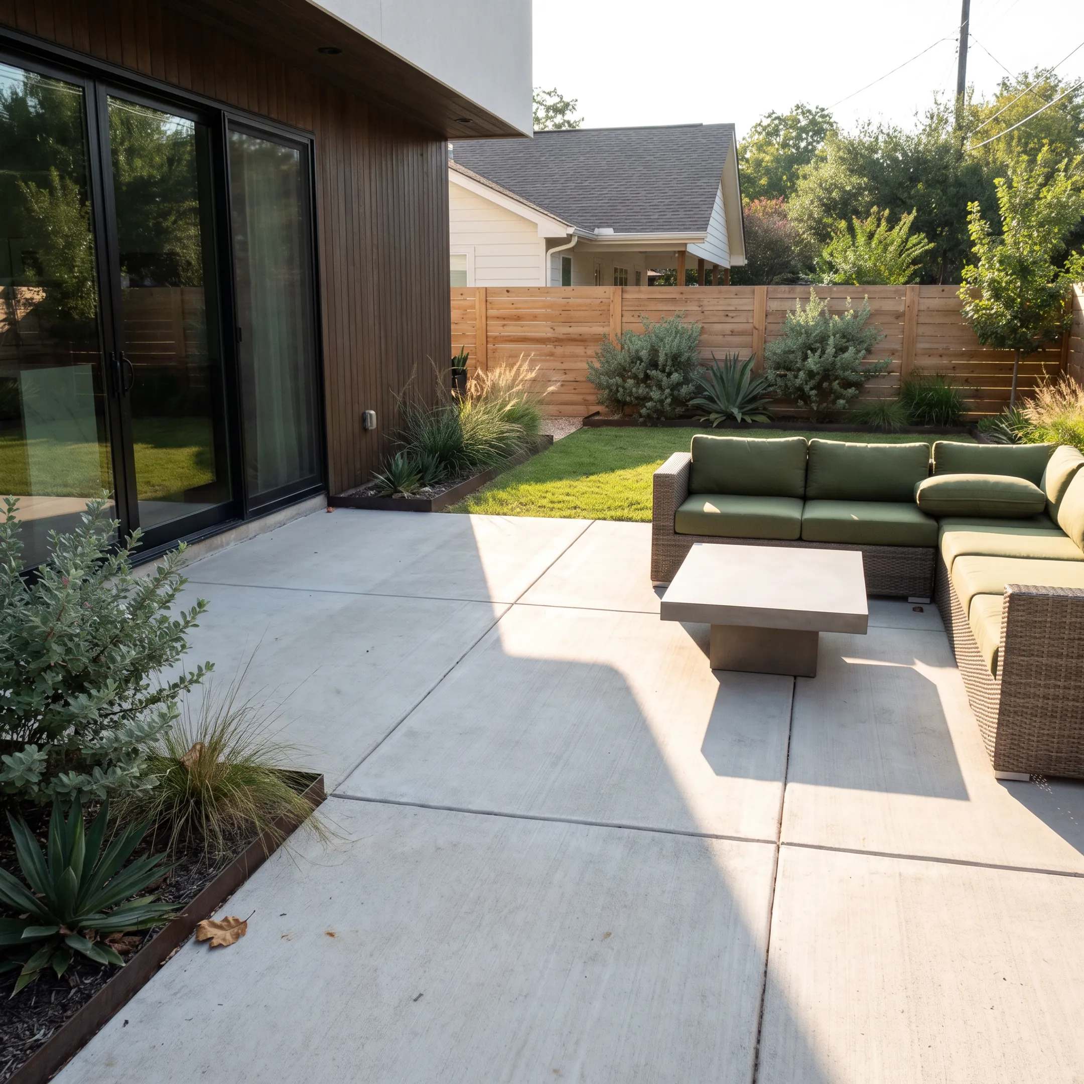 Finished concrete patio beside an Austin home