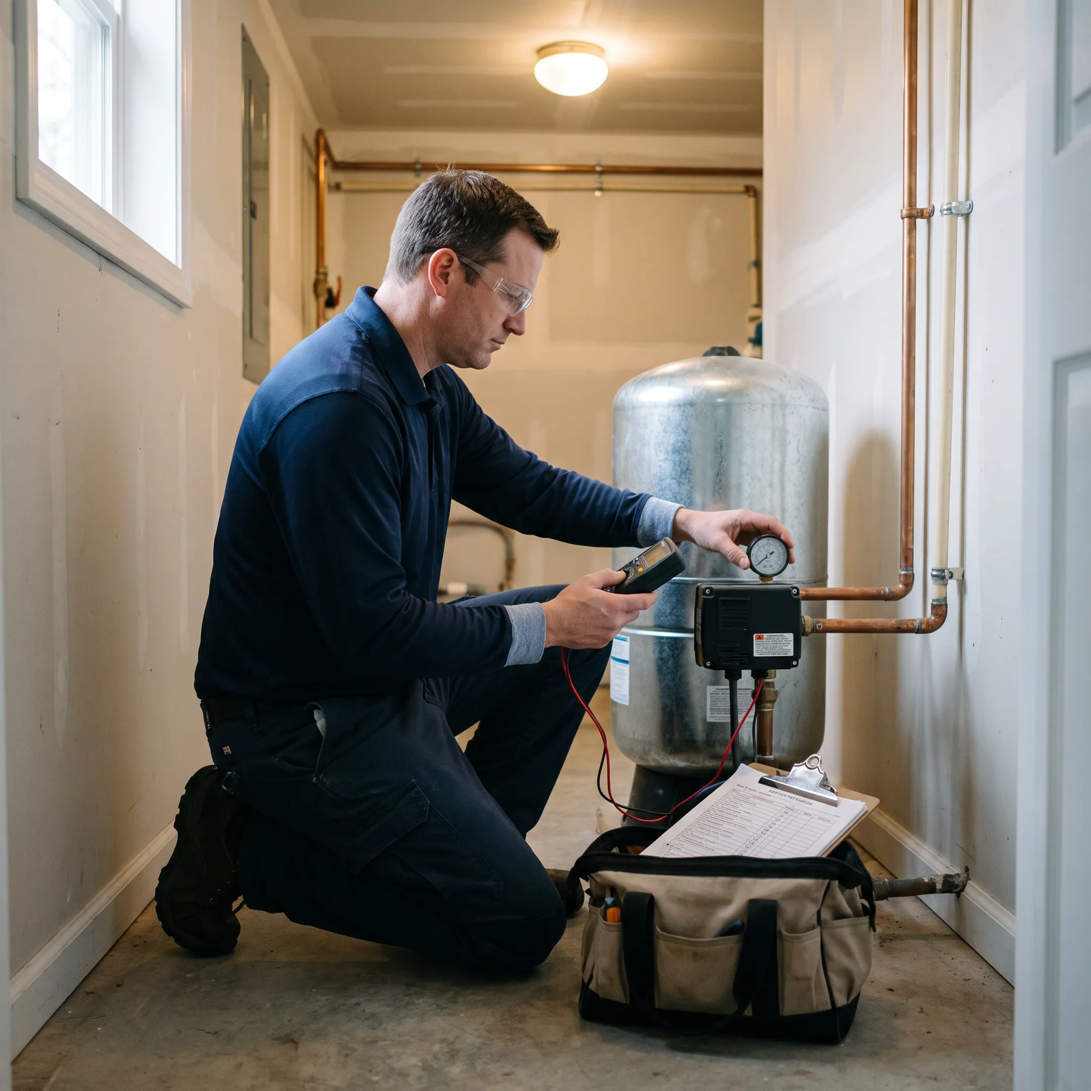 Technician inspecting a residential well pump system