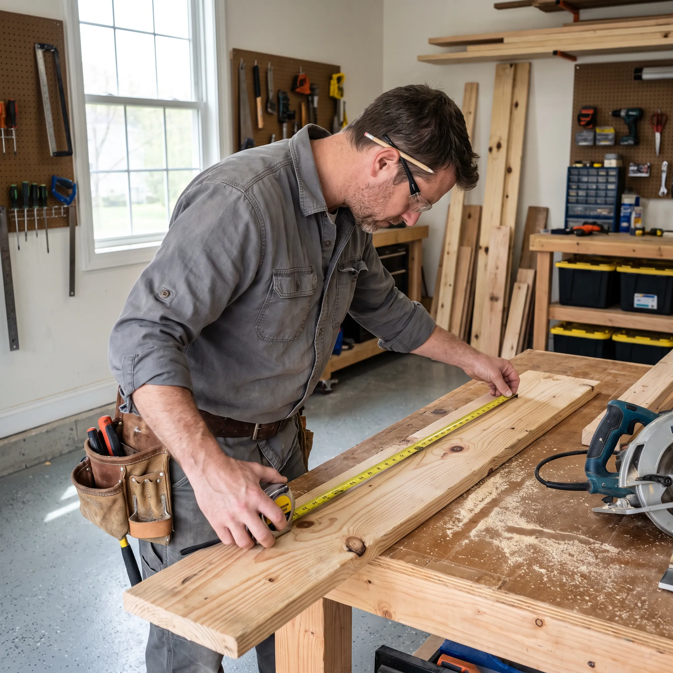 Carpenter measuring wood for a home repair