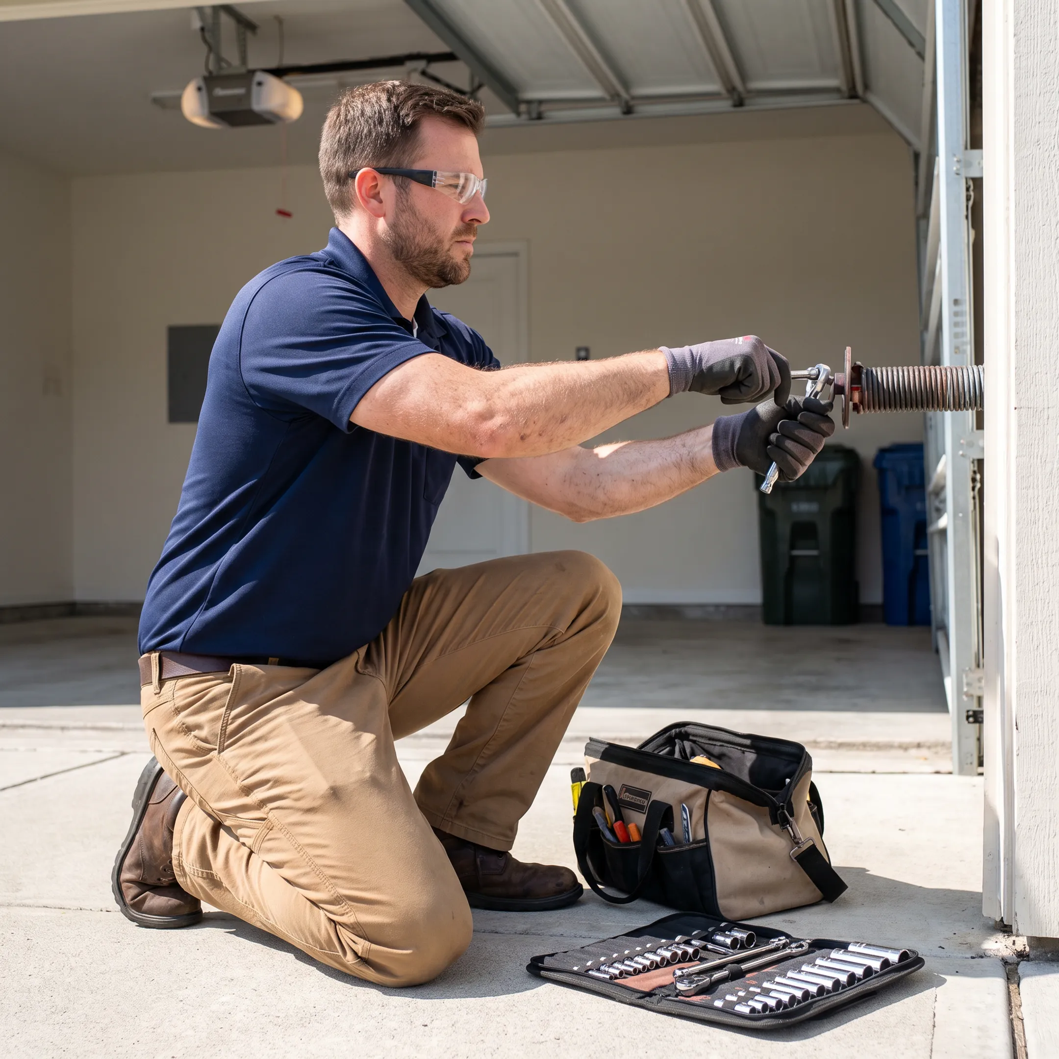 Technician repairing a residential garage door
