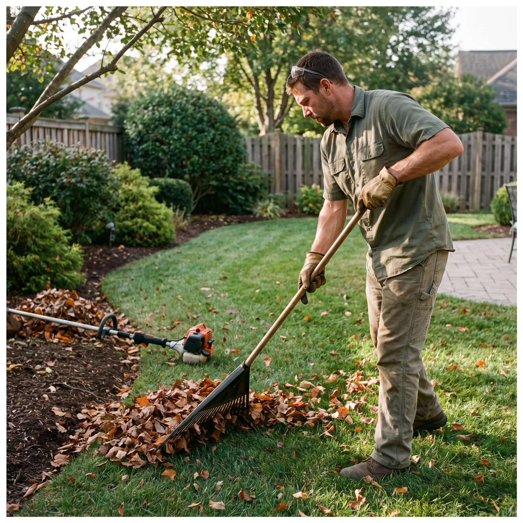 Landscaping professional cleaning a residential lawn