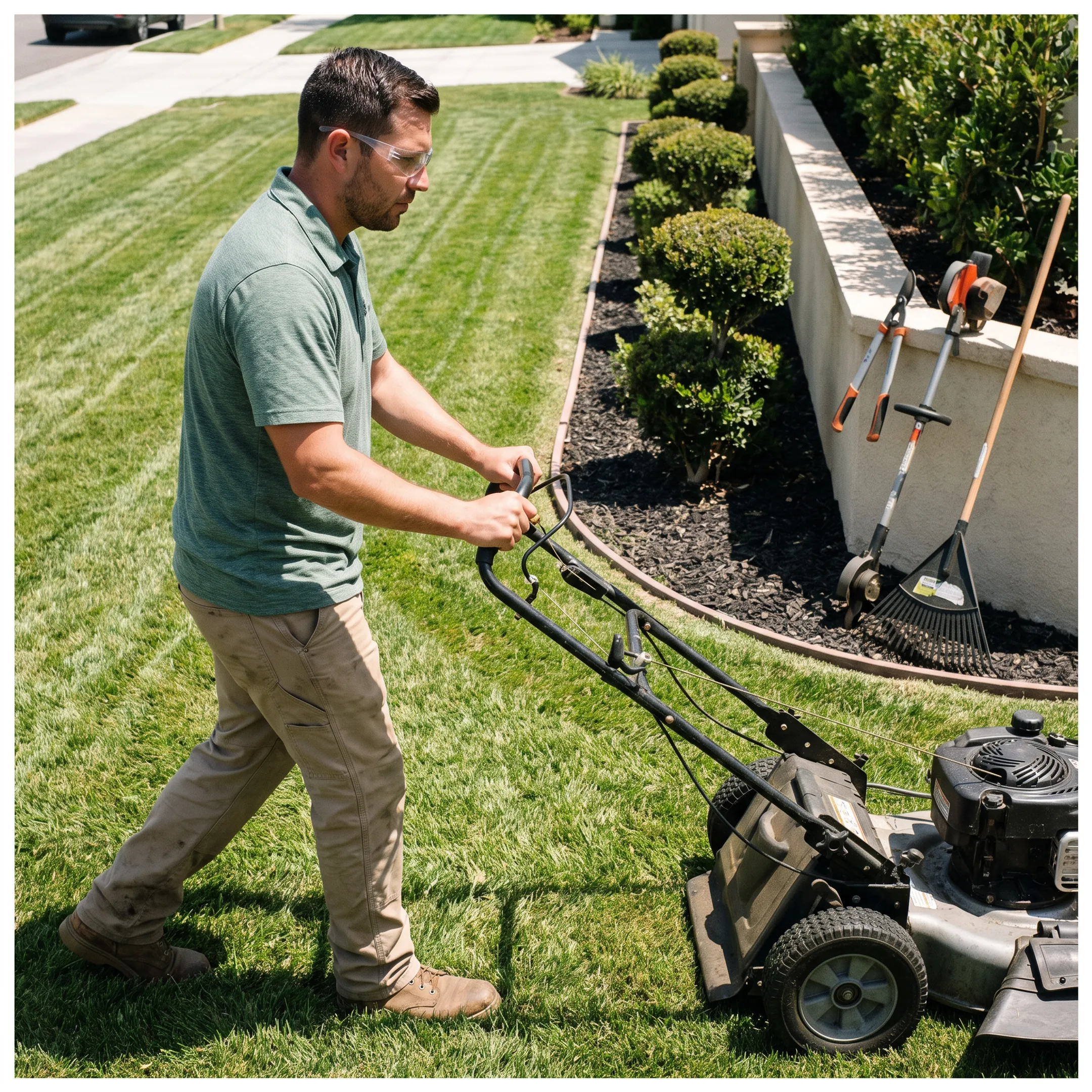 Contractor maintaining a landscaped residential yard