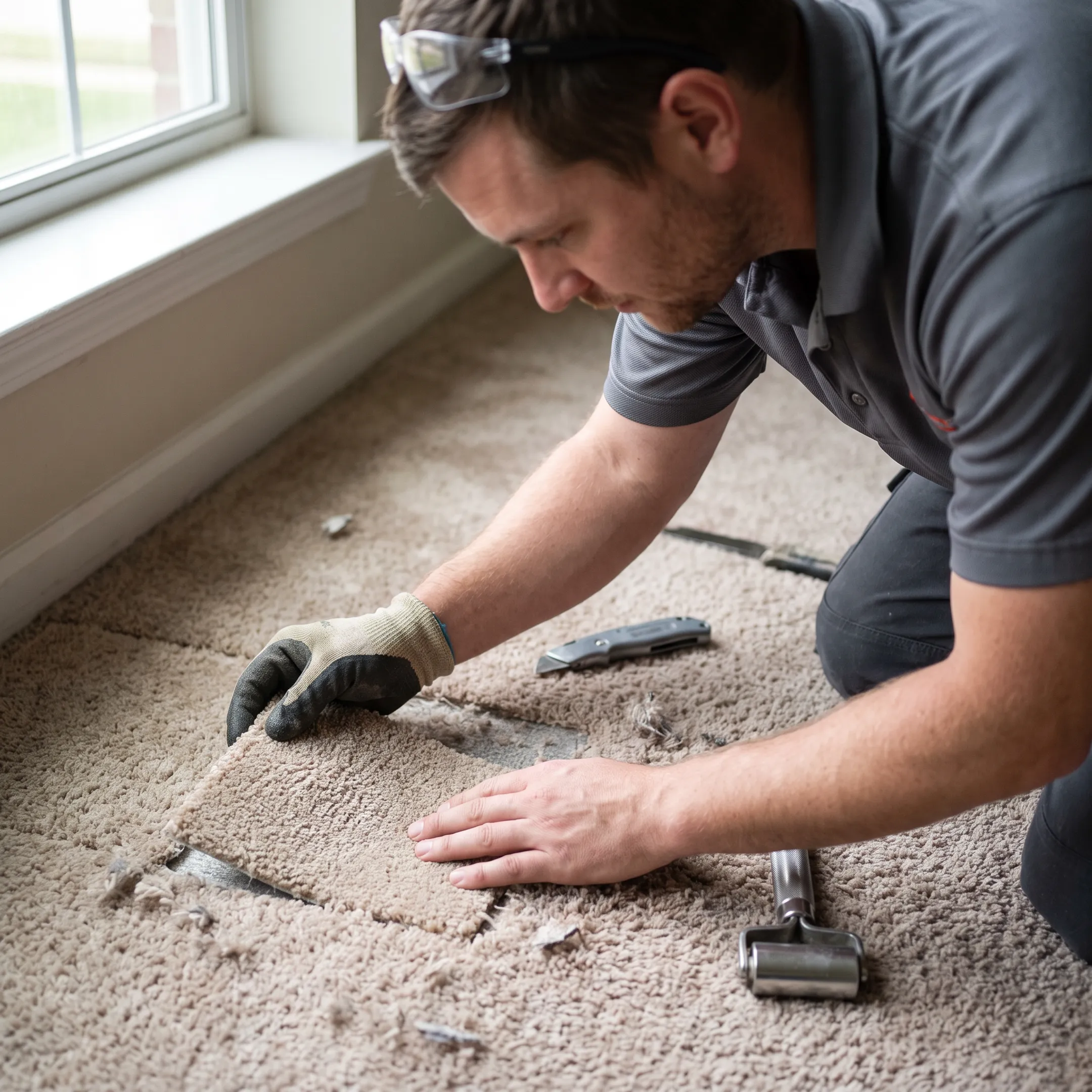 Professional repairing a damaged carpet section