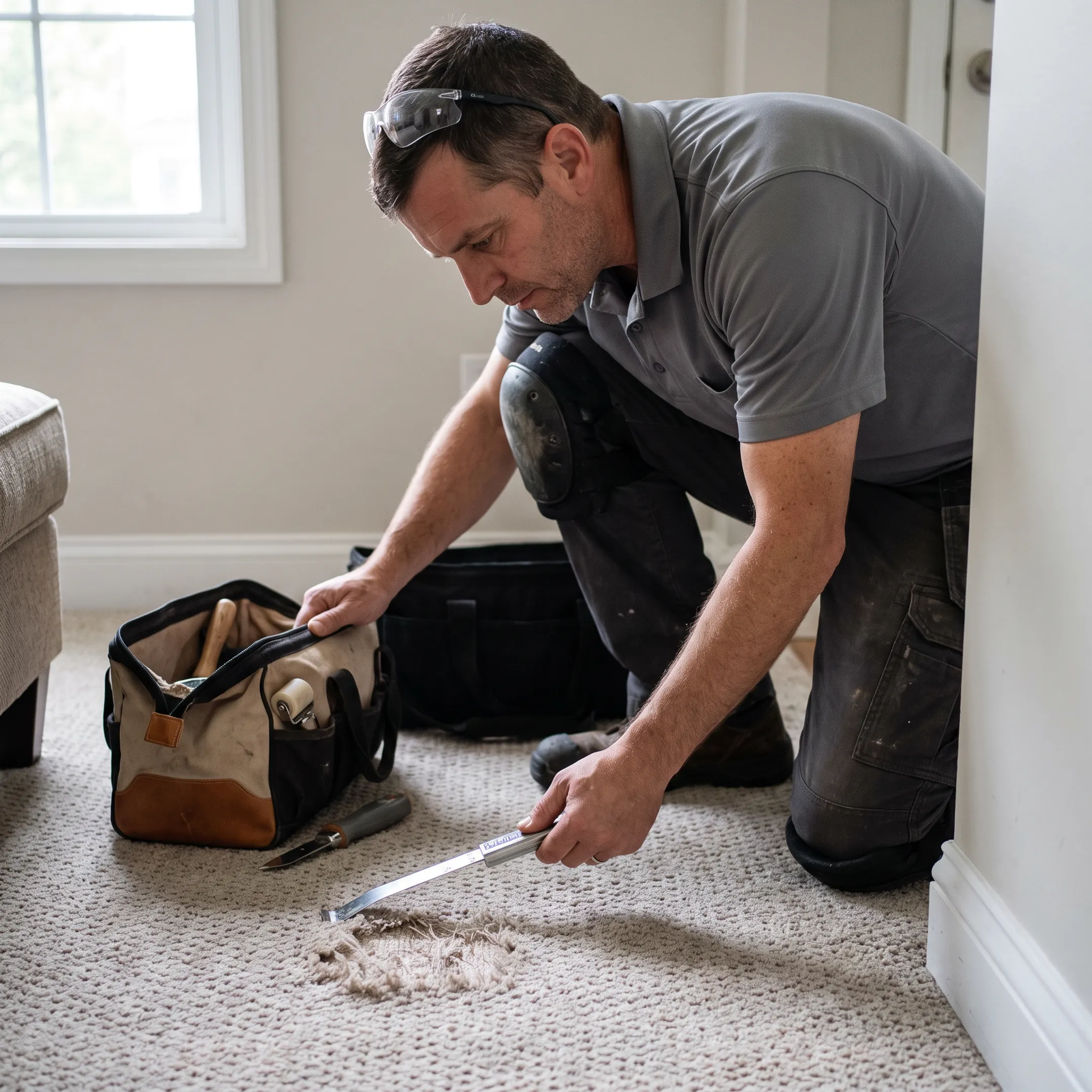 Contractor inspecting carpet damage in a home