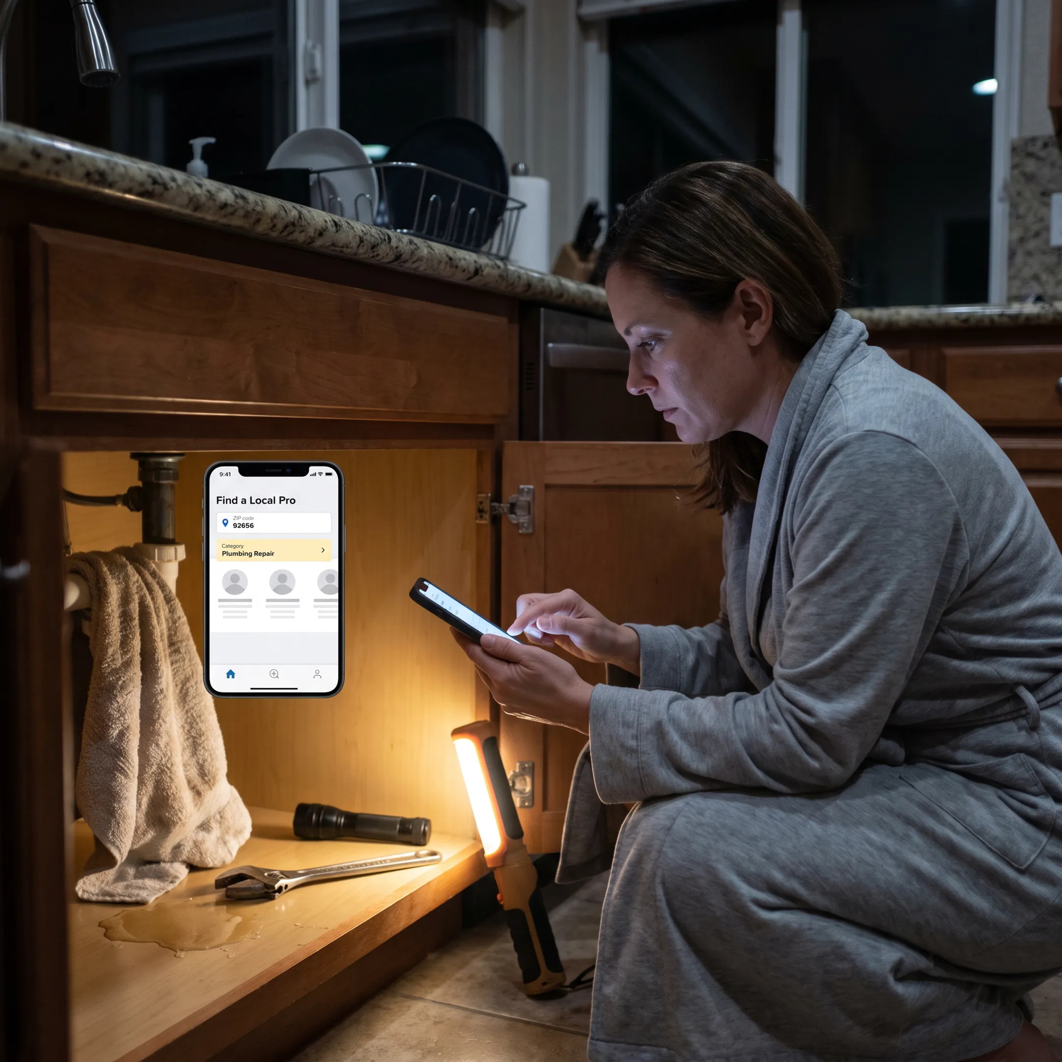 Homeowner addressing an after-hours plumbing leak