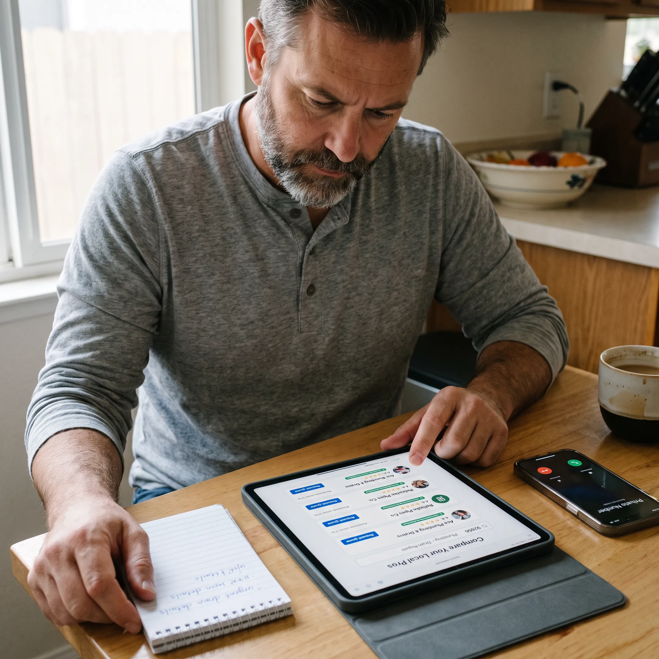 Homeowner comparing plumbing contractor estimates
