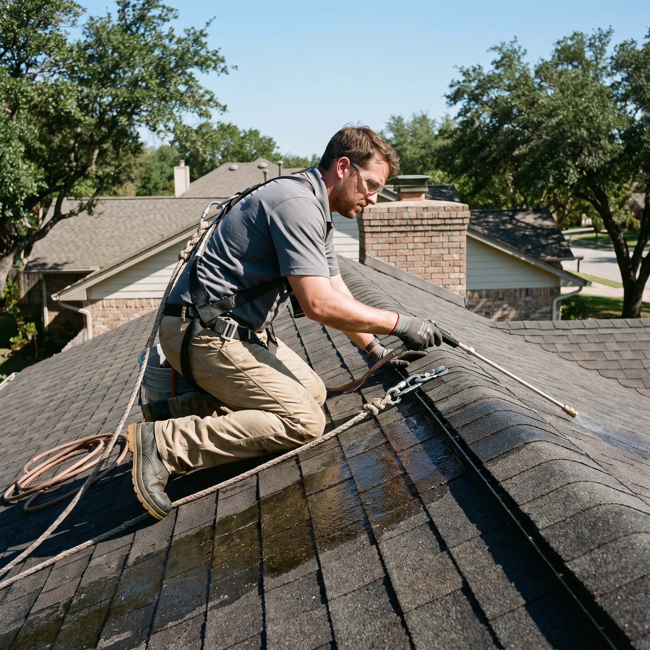 Professional cleaning a shingle roof