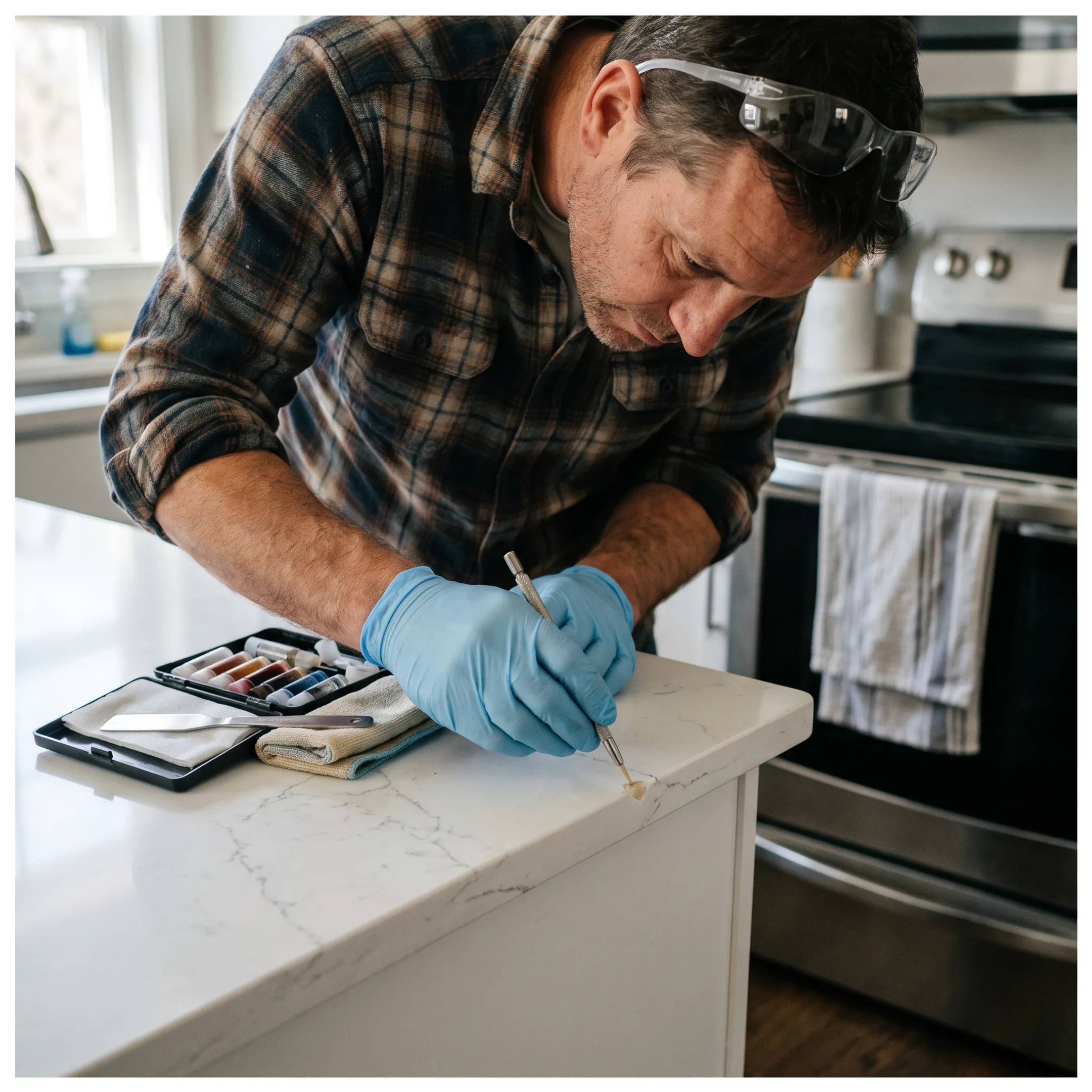 Professional repairing a chipped quartz kitchen countertop