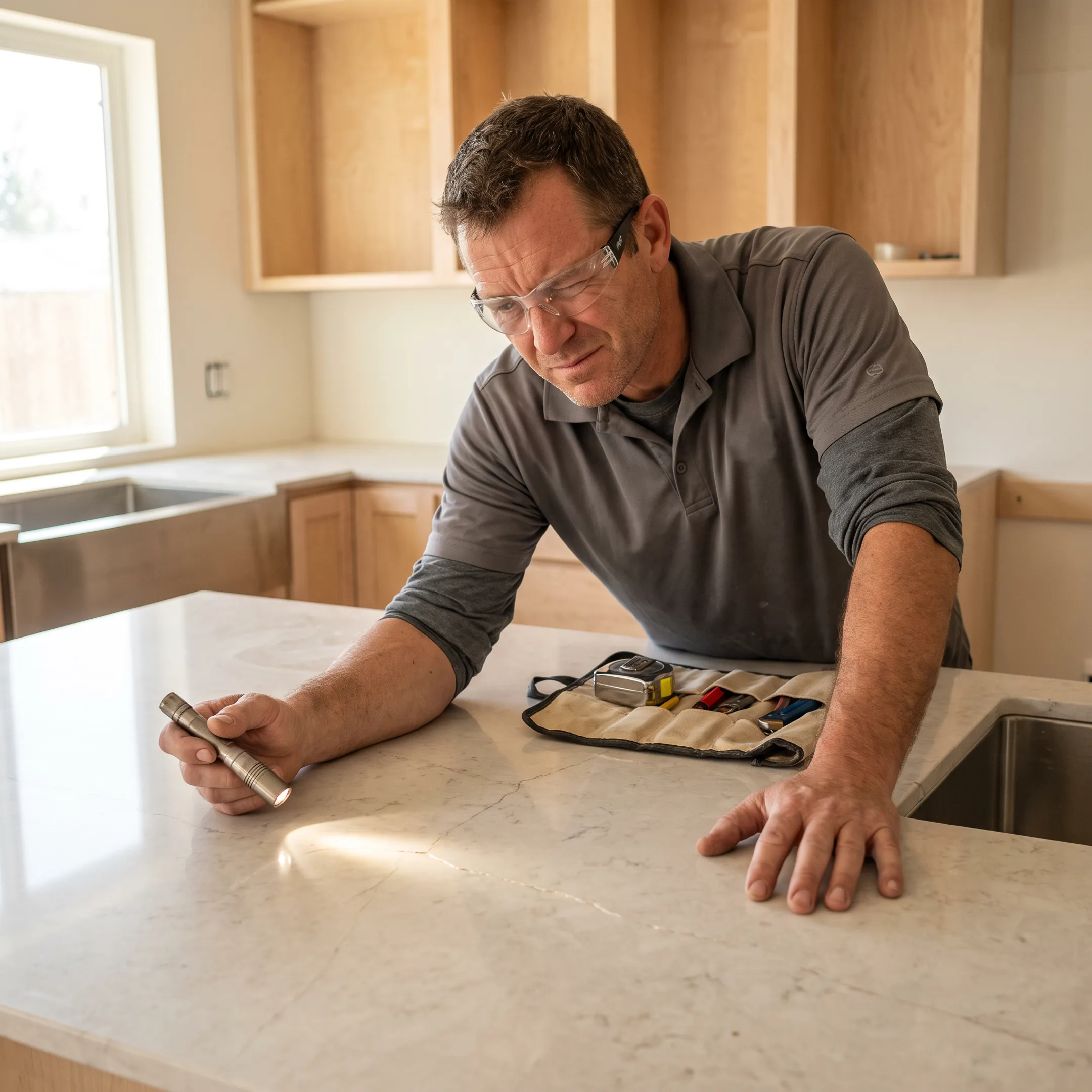 Technician inspecting a quartz countertop crack