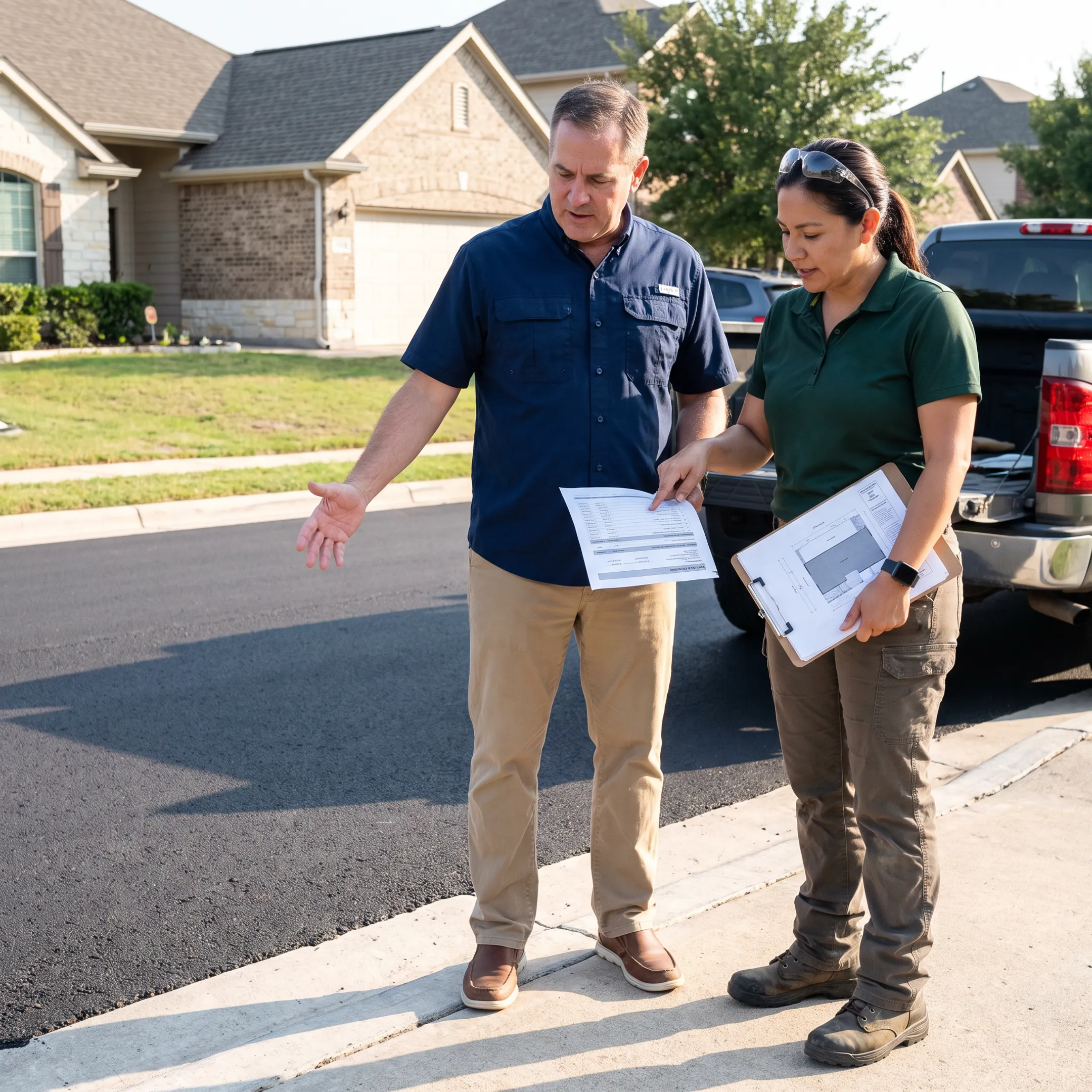 Homeowner discussing paving plans with contractor