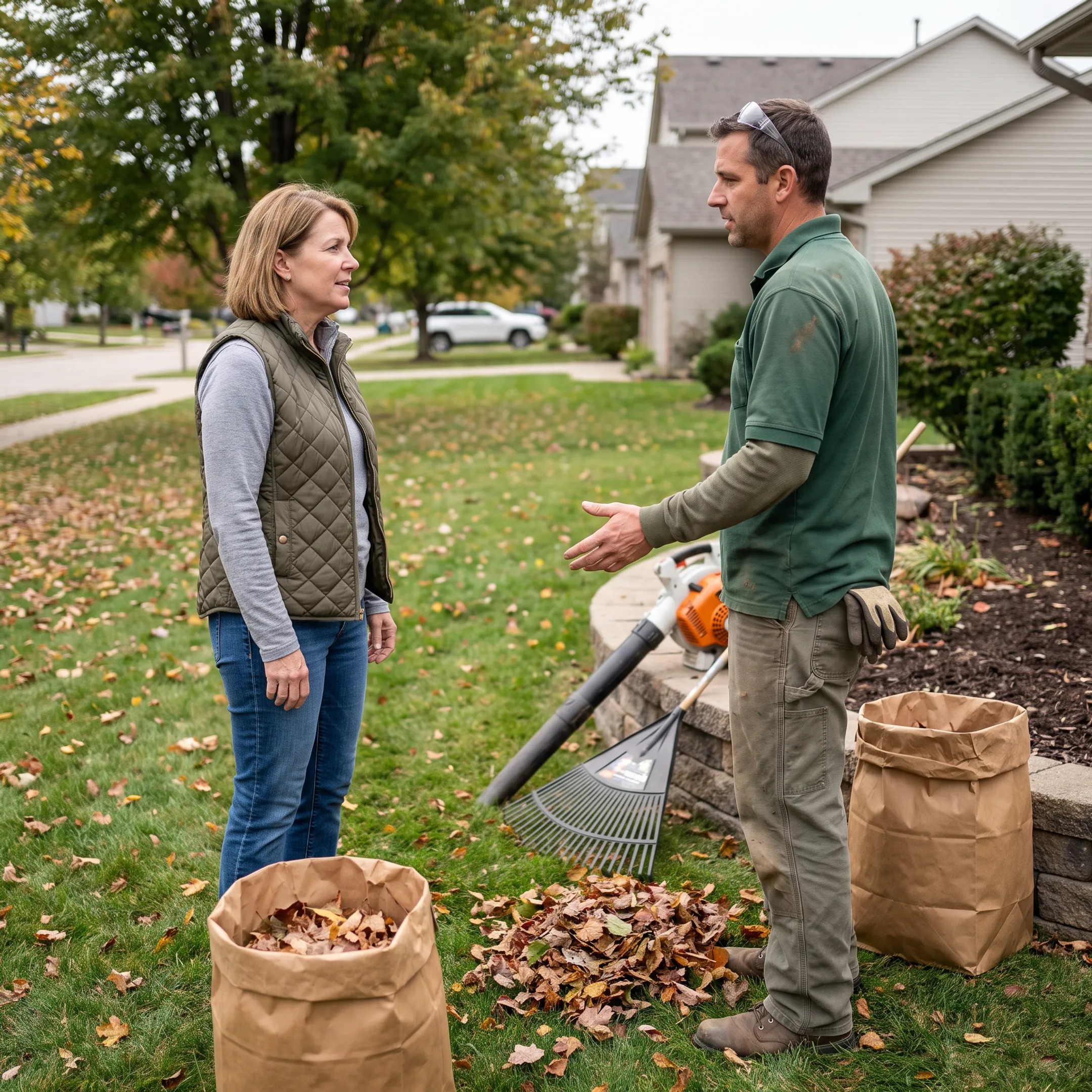 Homeowner reviewing yard cleanup plans with a contractor