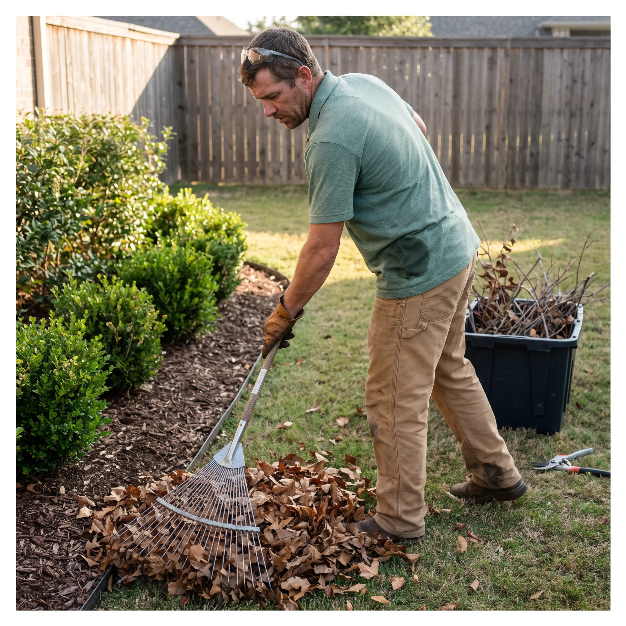 Contractor clearing leaves and branches from a residential yard