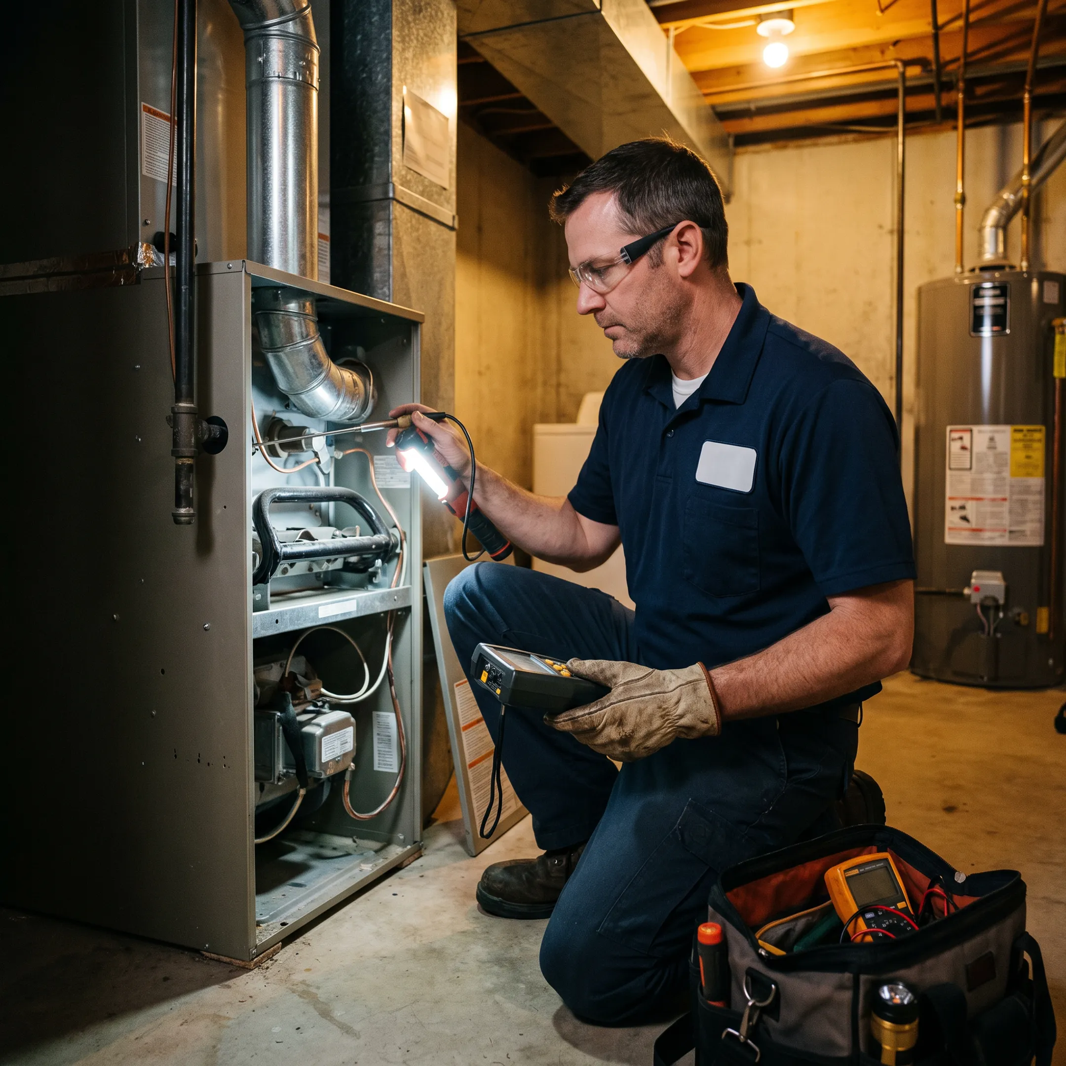 HVAC technician inspecting a residential furnace