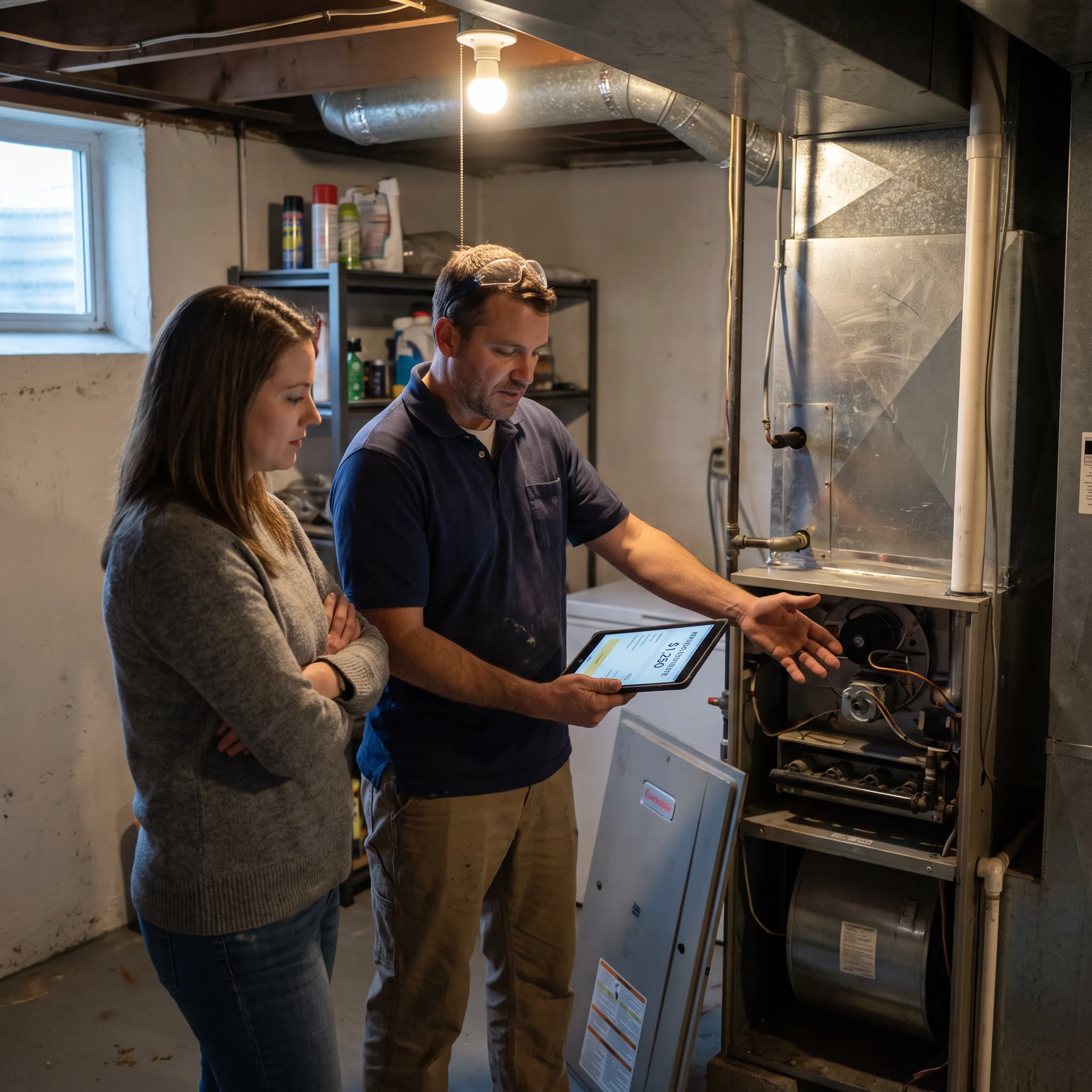 Homeowner discussing furnace repair with technician