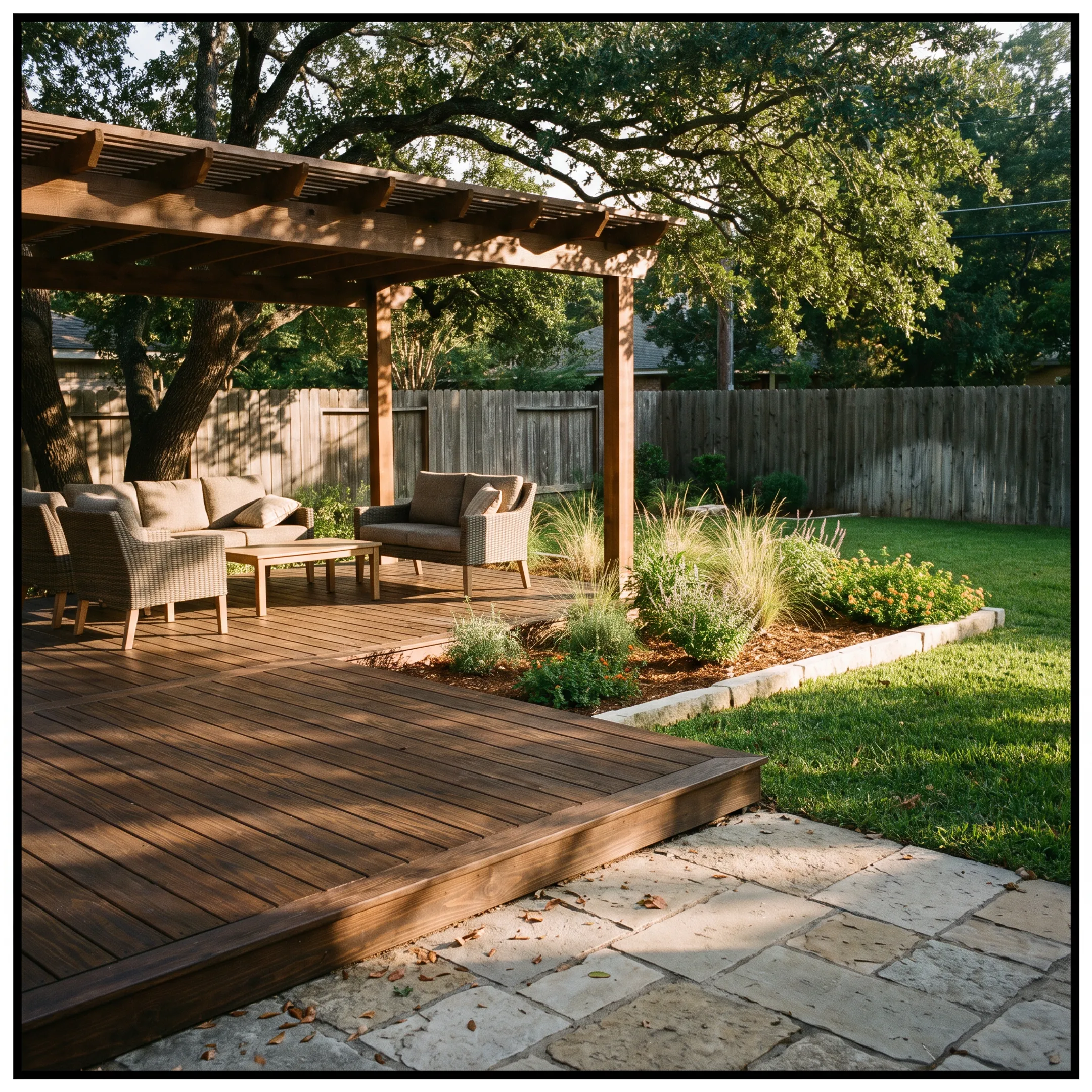 Modern backyard deck and stone patio