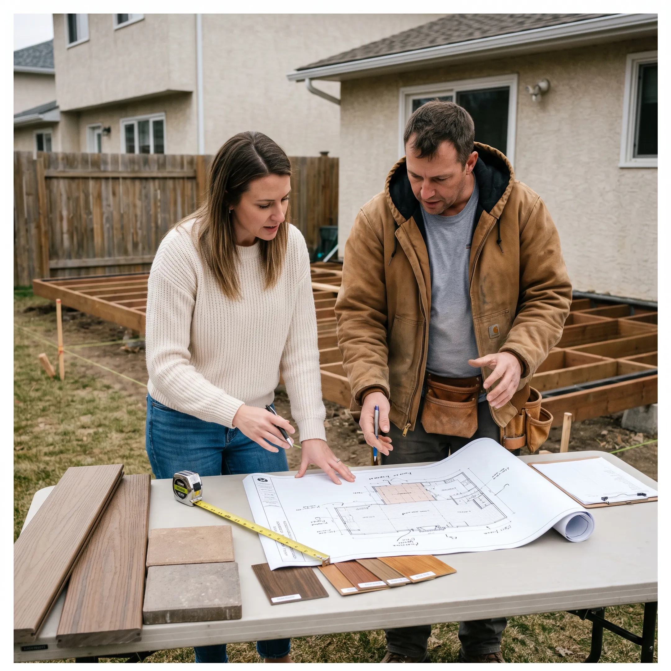 Homeowner reviewing backyard deck plans