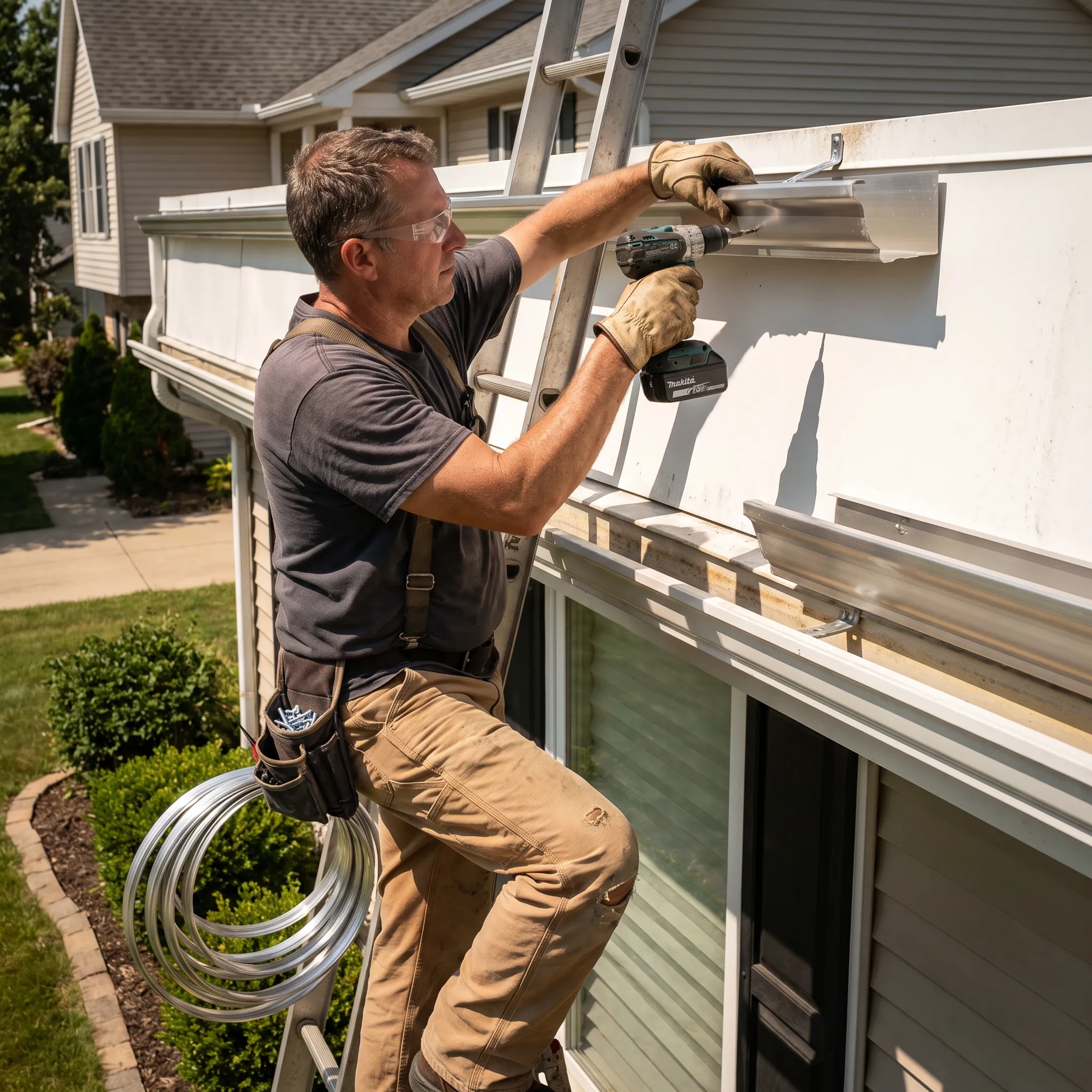 Contractor installing seamless gutters on a home