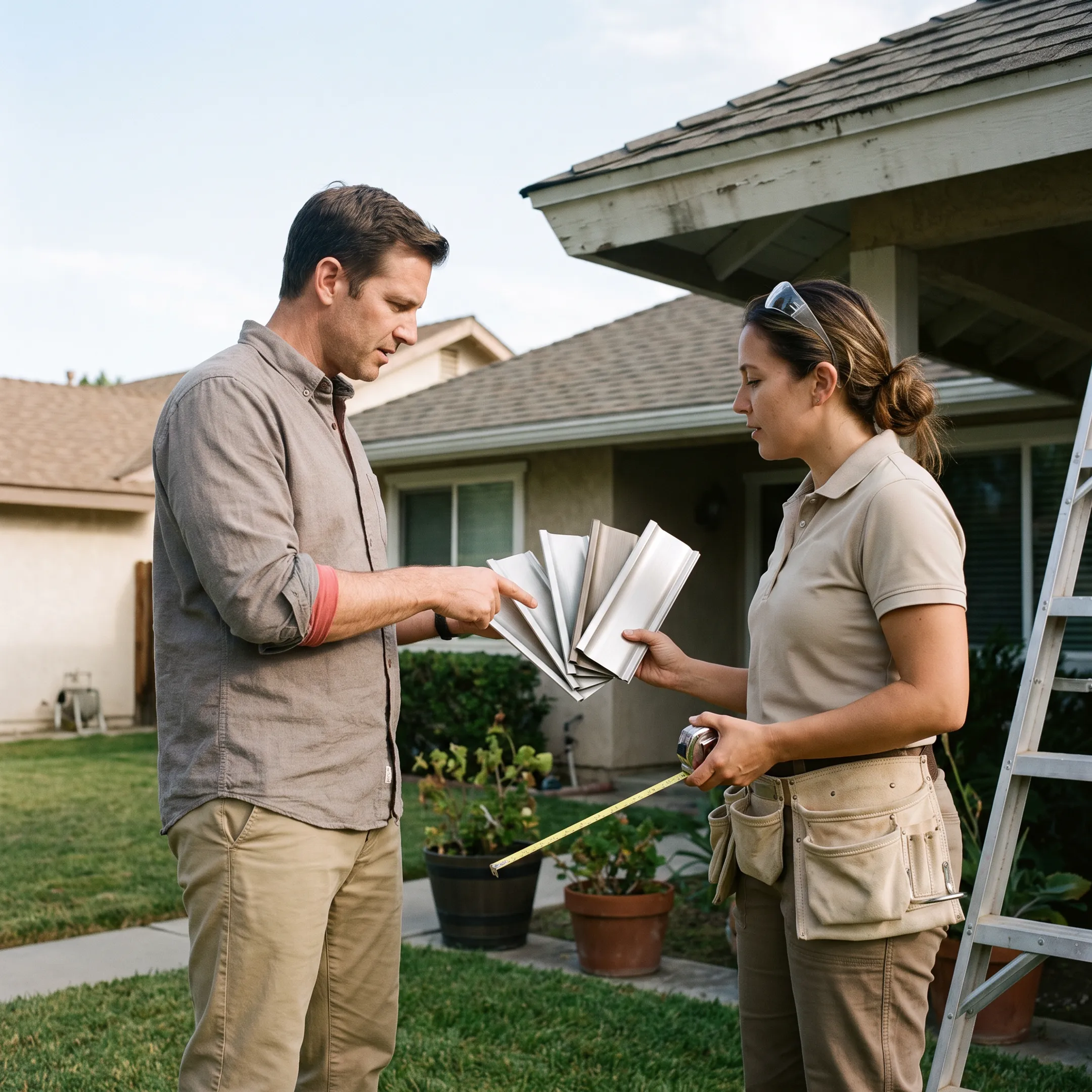 Homeowner reviewing gutter options with contractor