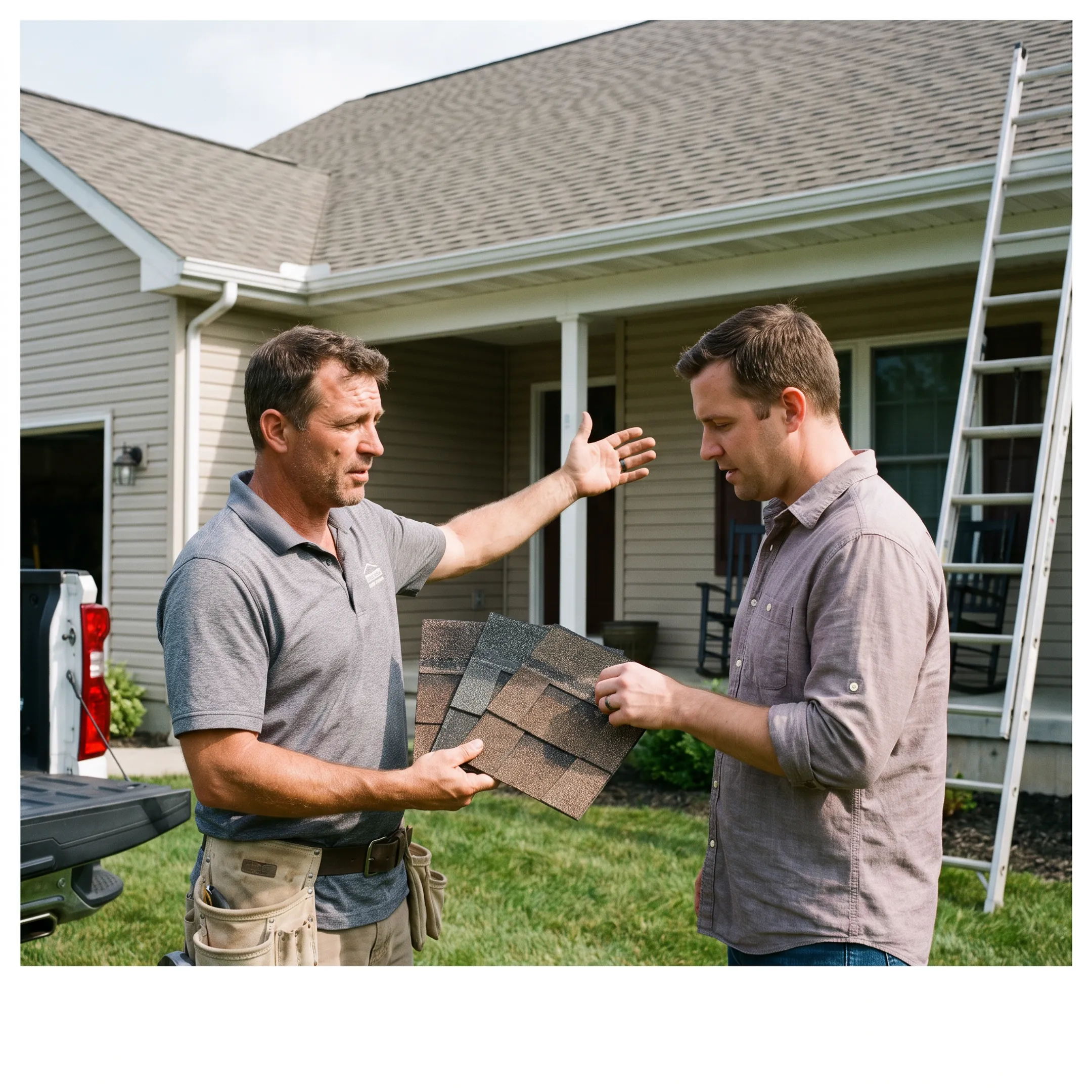Homeowner reviewing a roof replacement with a contractor
