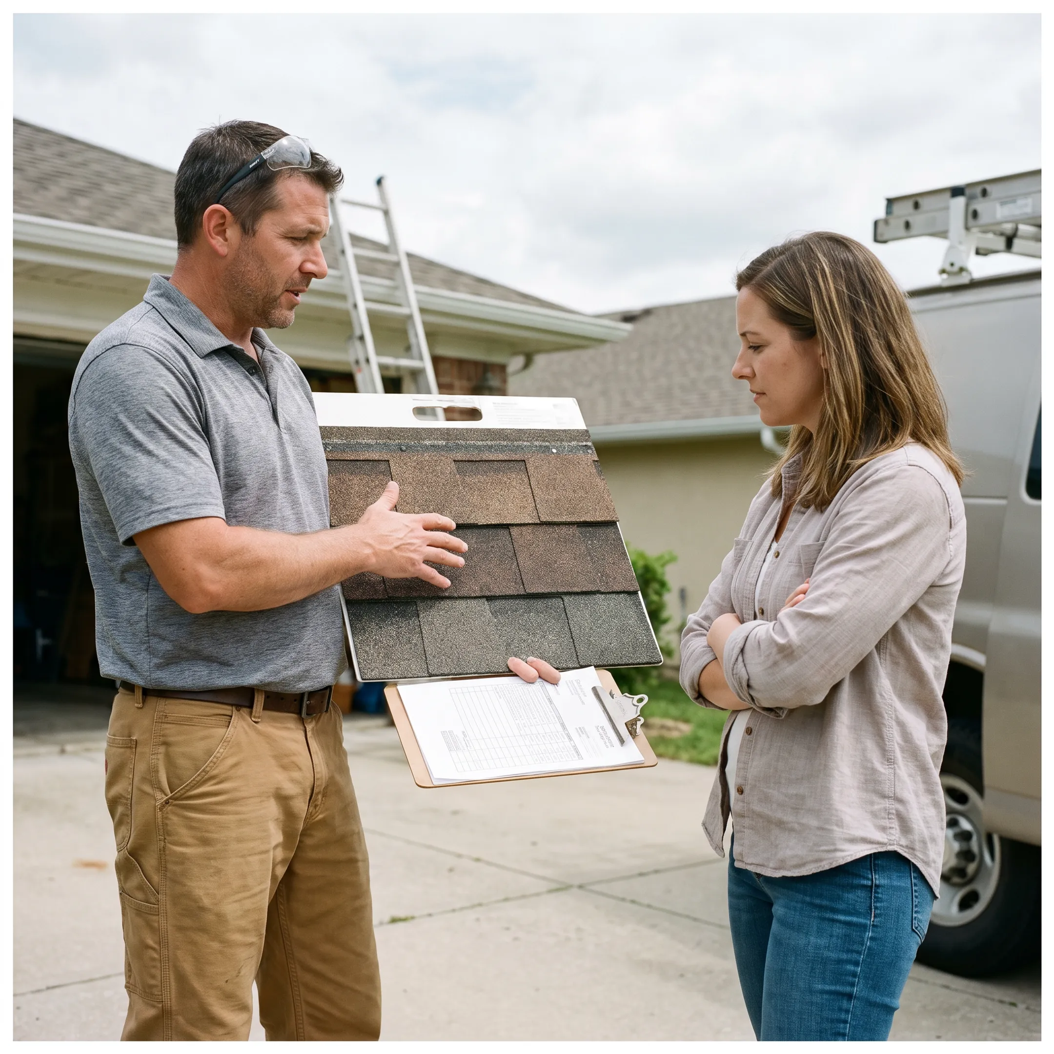 Contractor explaining roof replacement options to homeowner