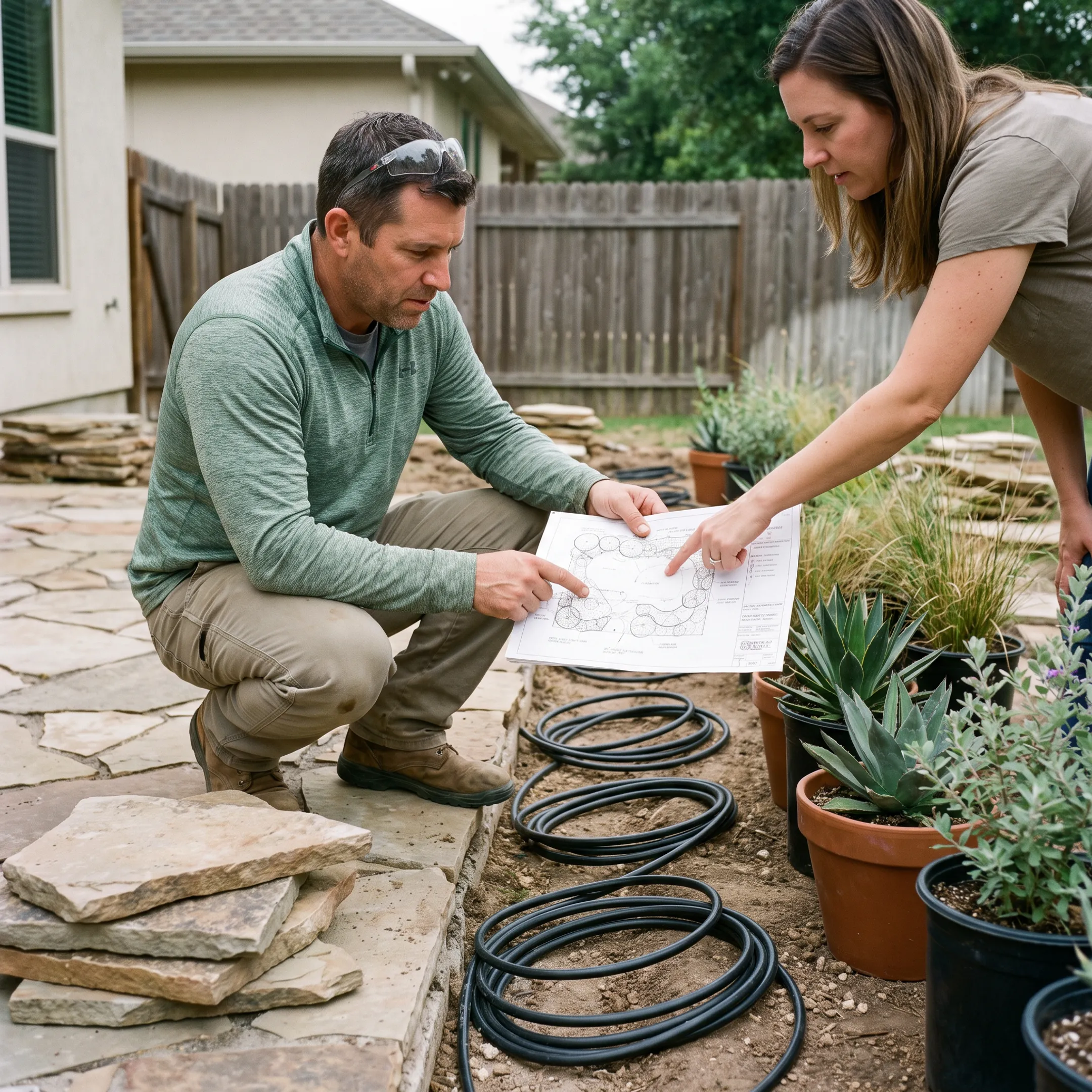 Landscaping professional planning an Austin backyard