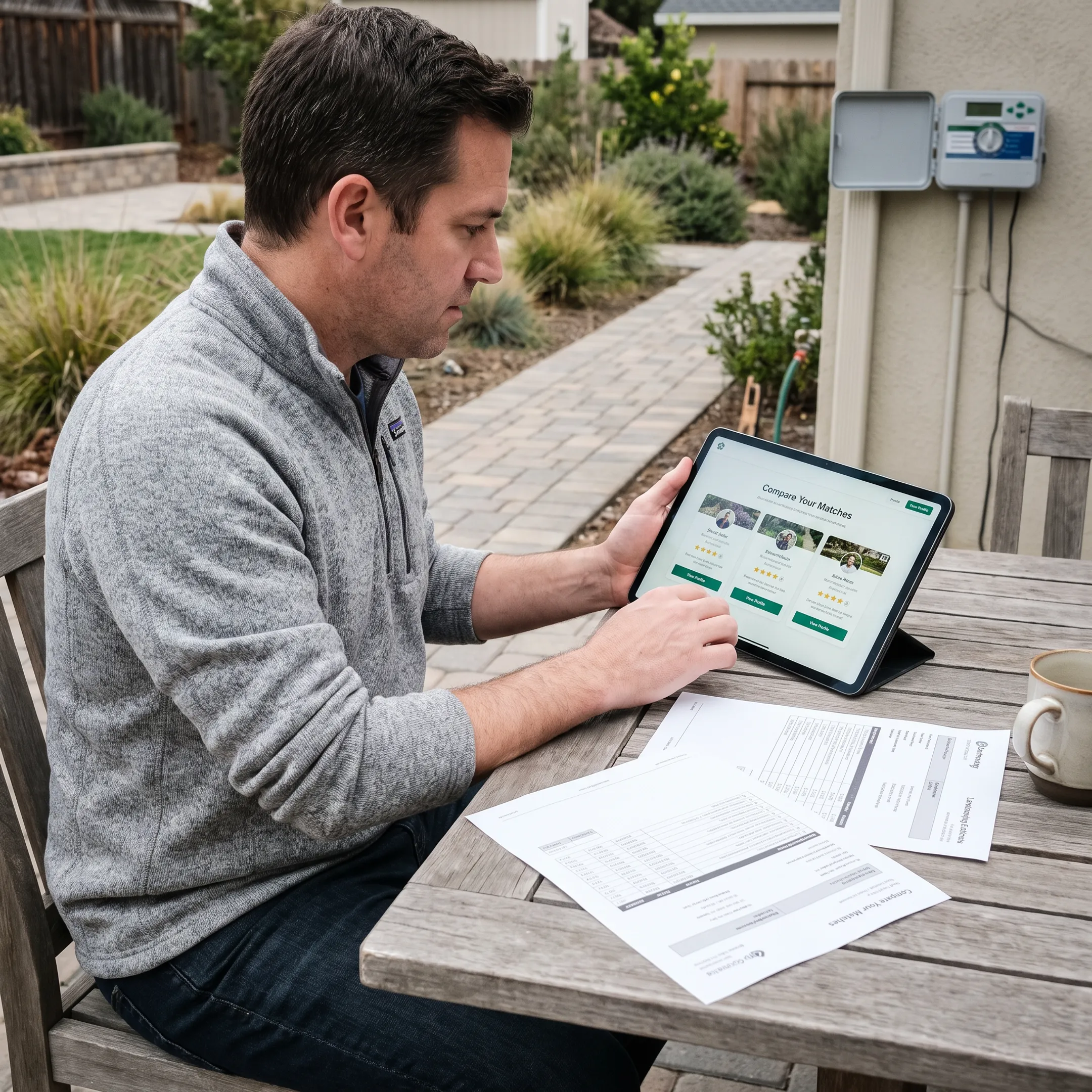 Homeowner comparing landscaping project estimates