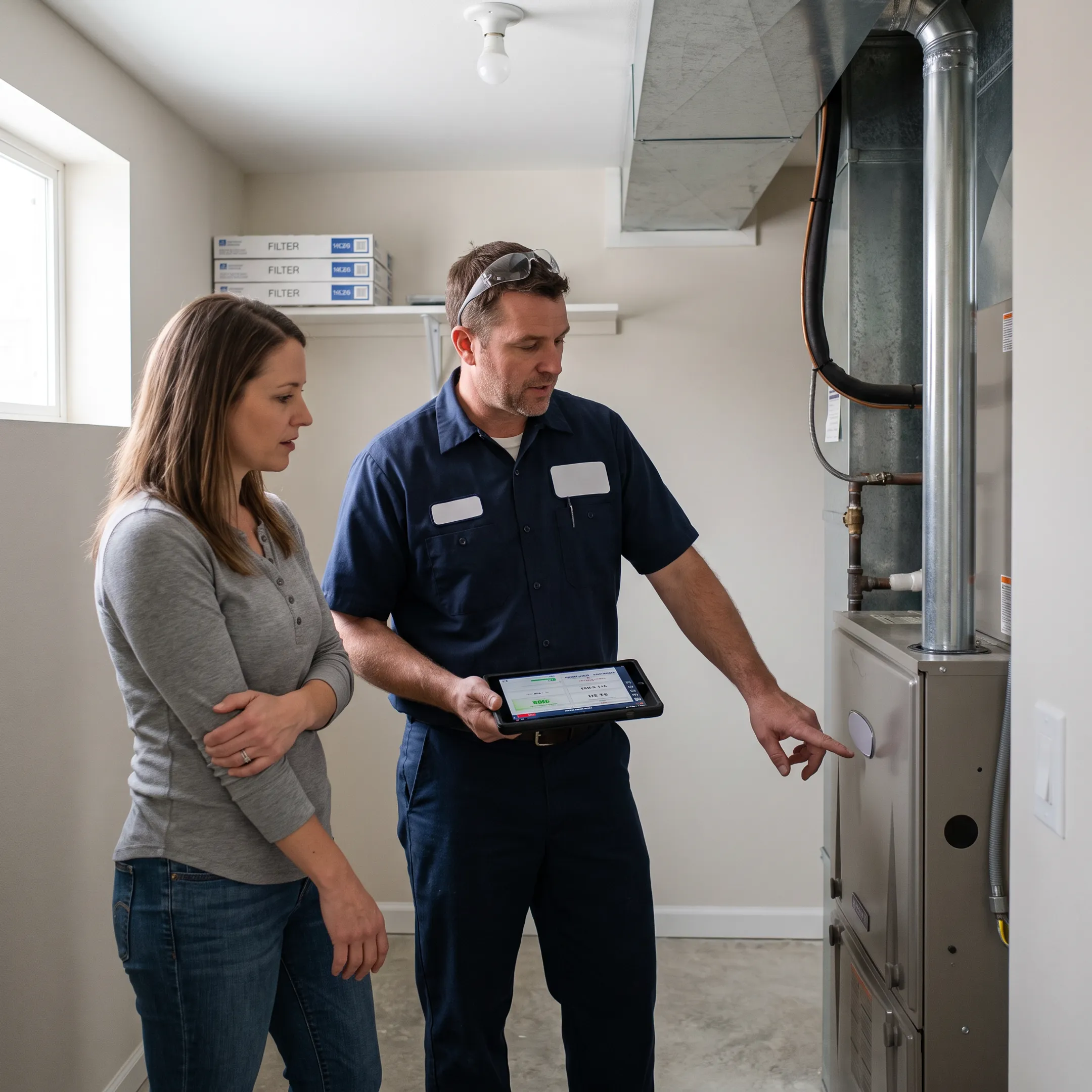 Homeowner discussing HVAC repair options with technician