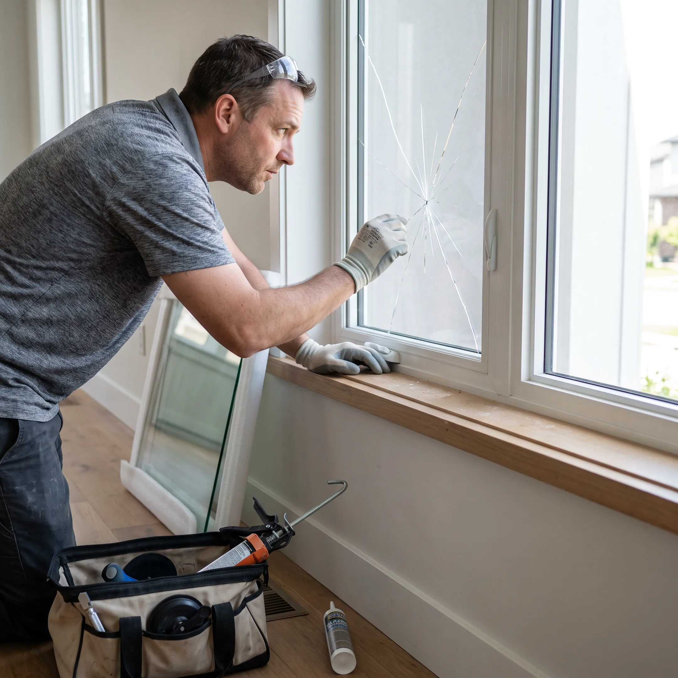 Technician inspecting a damaged residential window pane