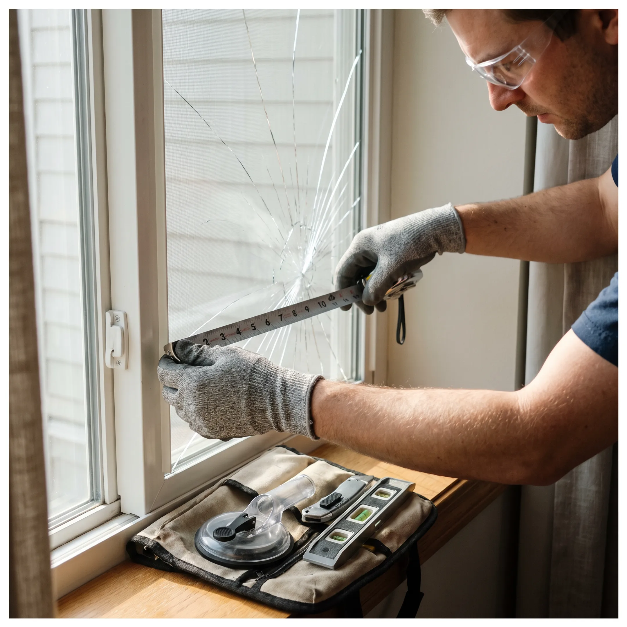Technician measuring damaged residential window glass