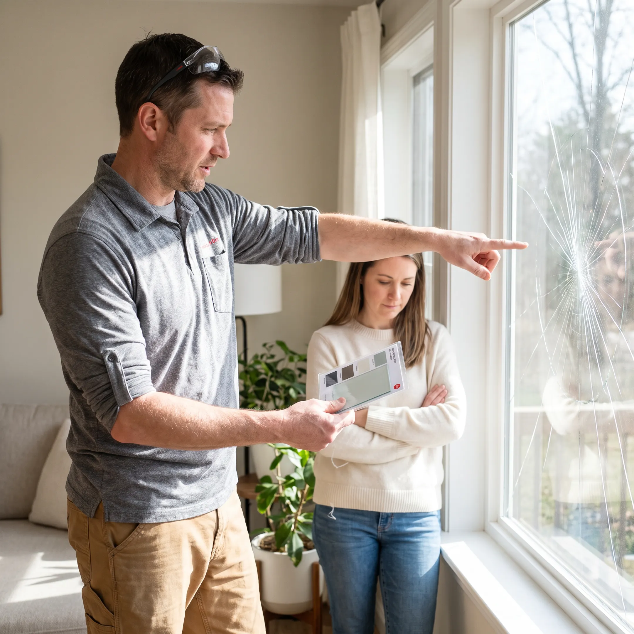 Homeowner reviewing window glass repair options