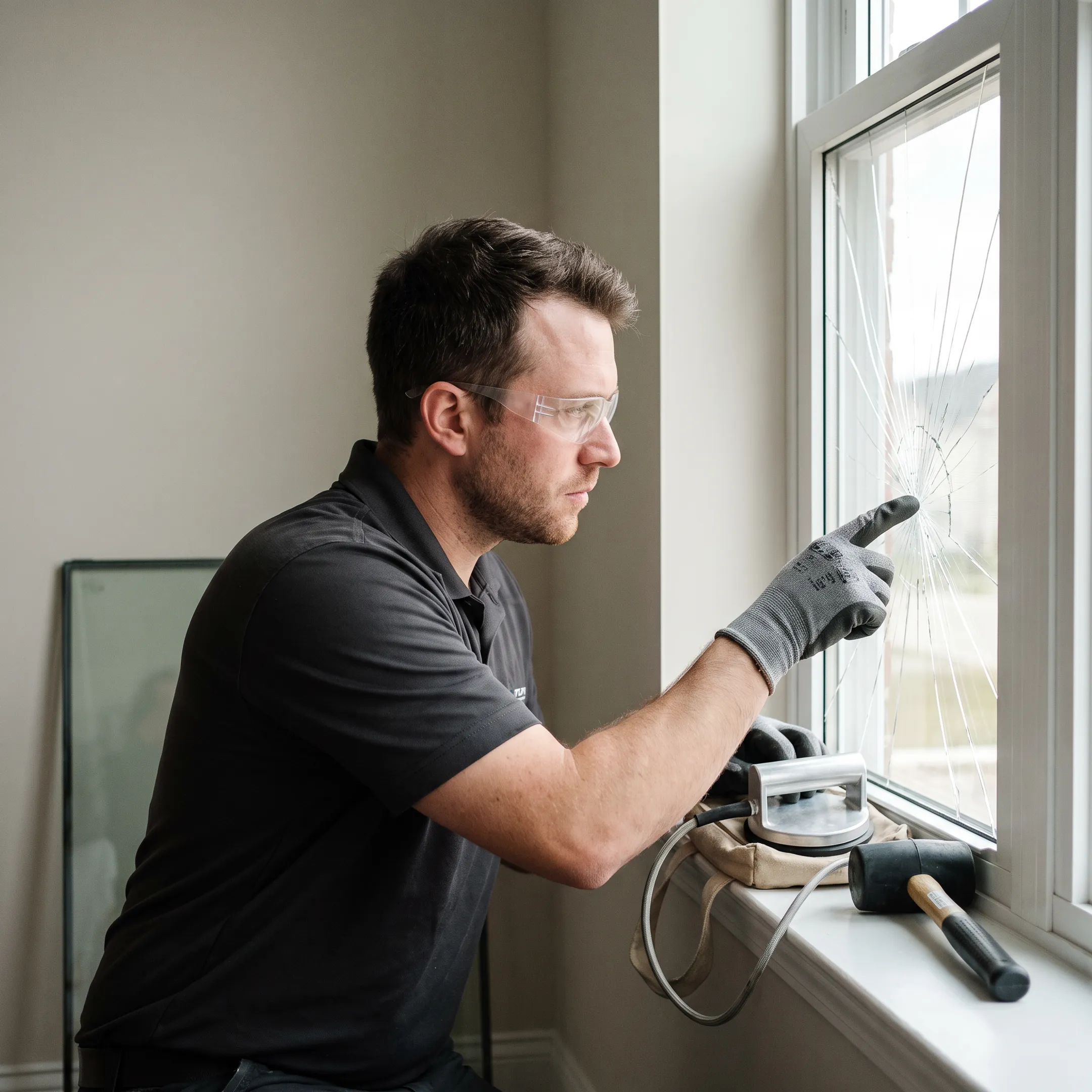 Technician inspecting damaged residential window glass