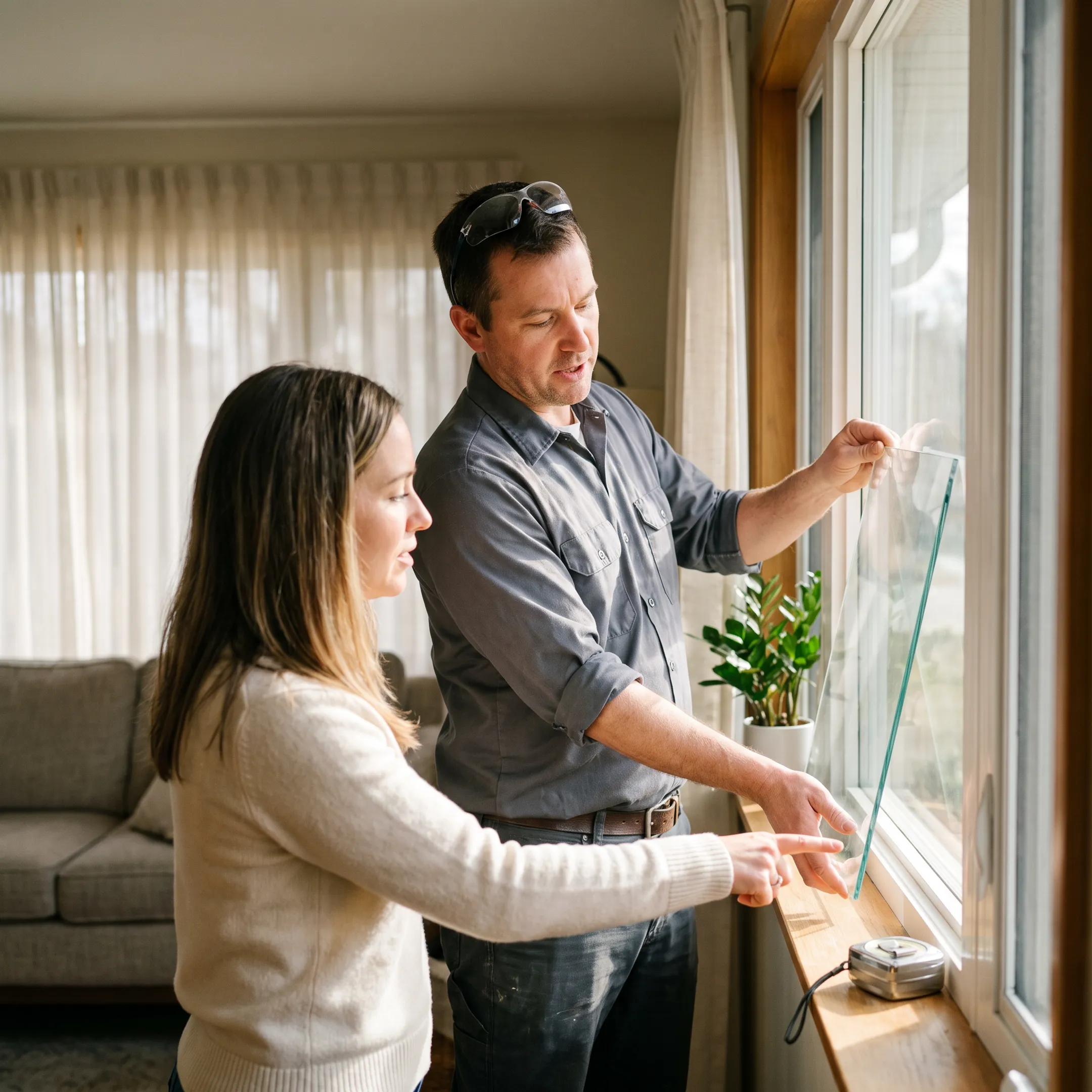 Homeowner discussing window glass options with contractor