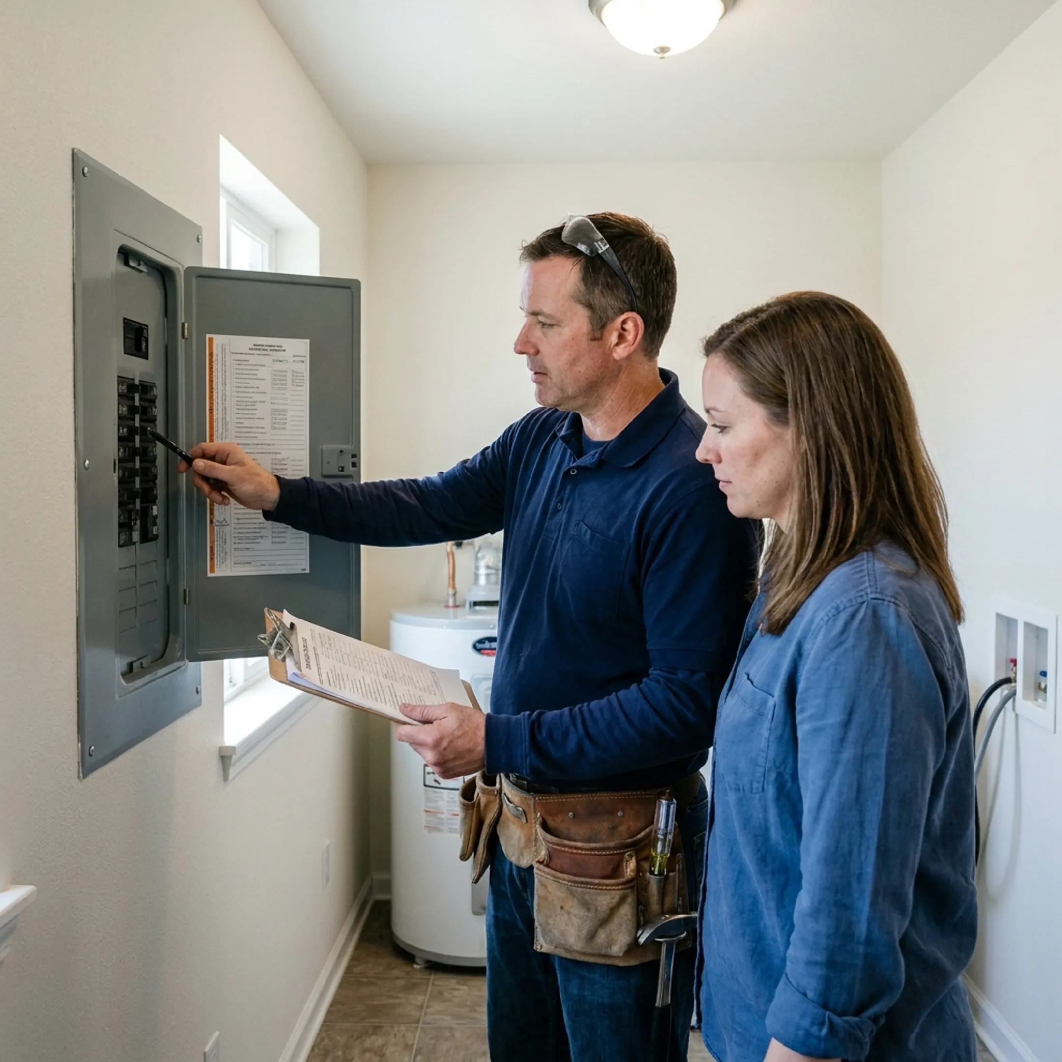 Homeowner discussing an electrical inspection with an electrician