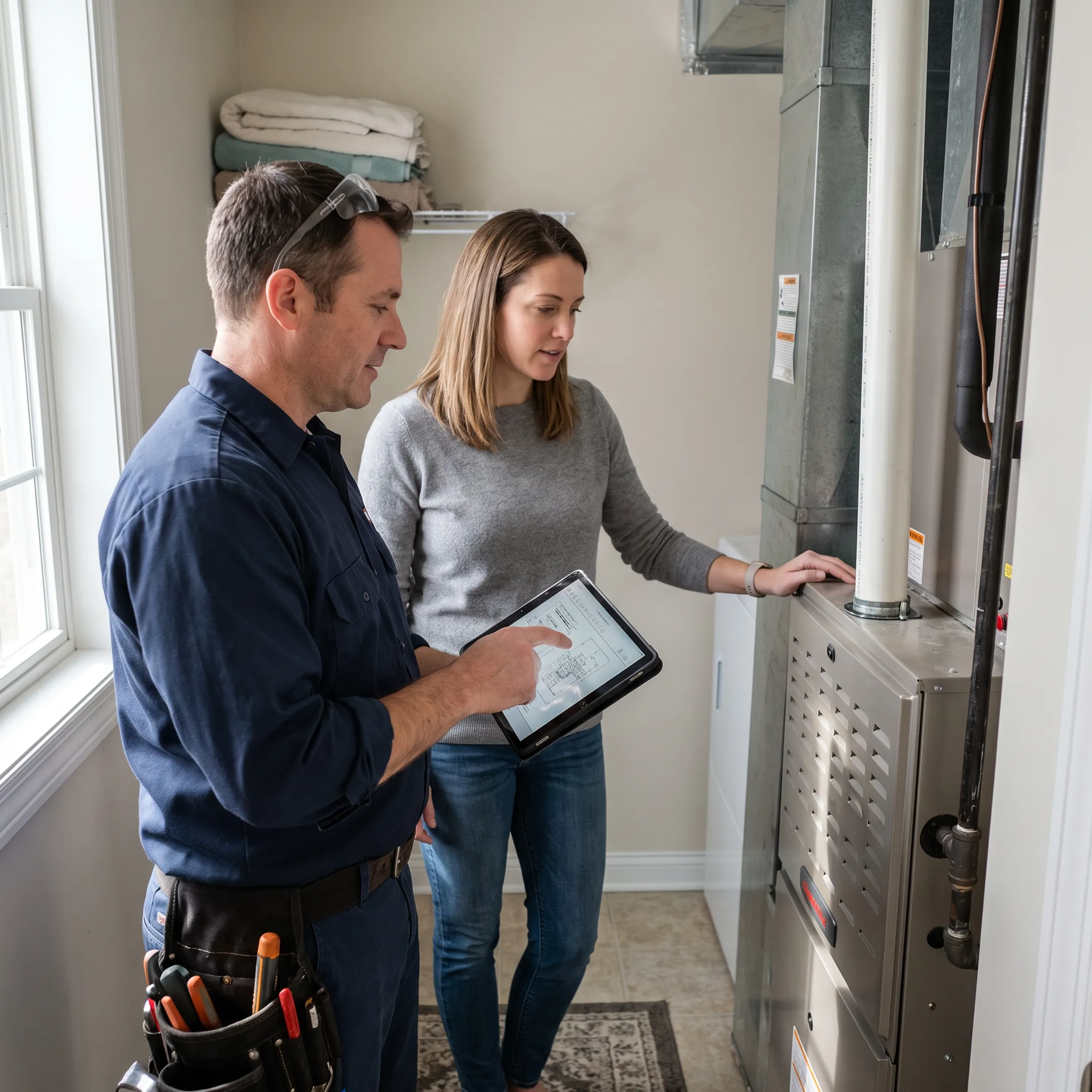 Homeowner discussing HVAC options with technician