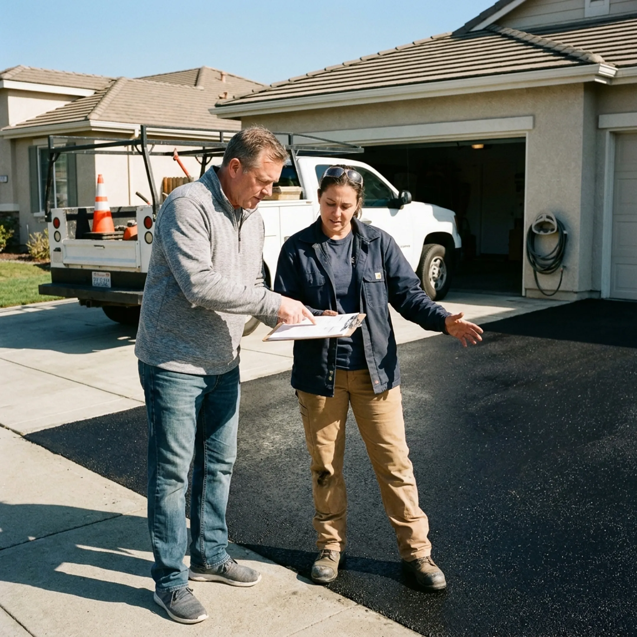 Homeowner discussing an asphalt driveway estimate