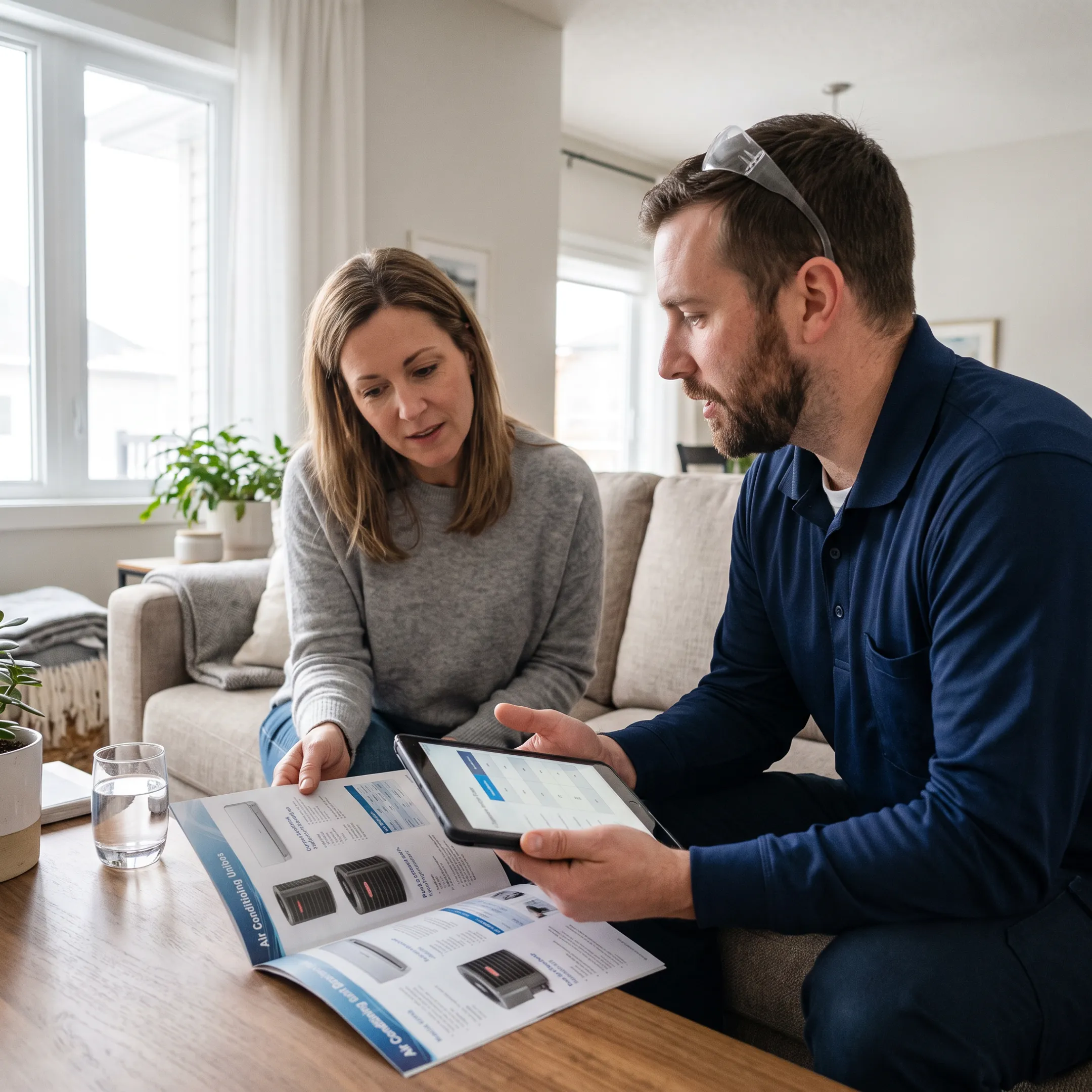 Homeowner discussing HVAC options with technician