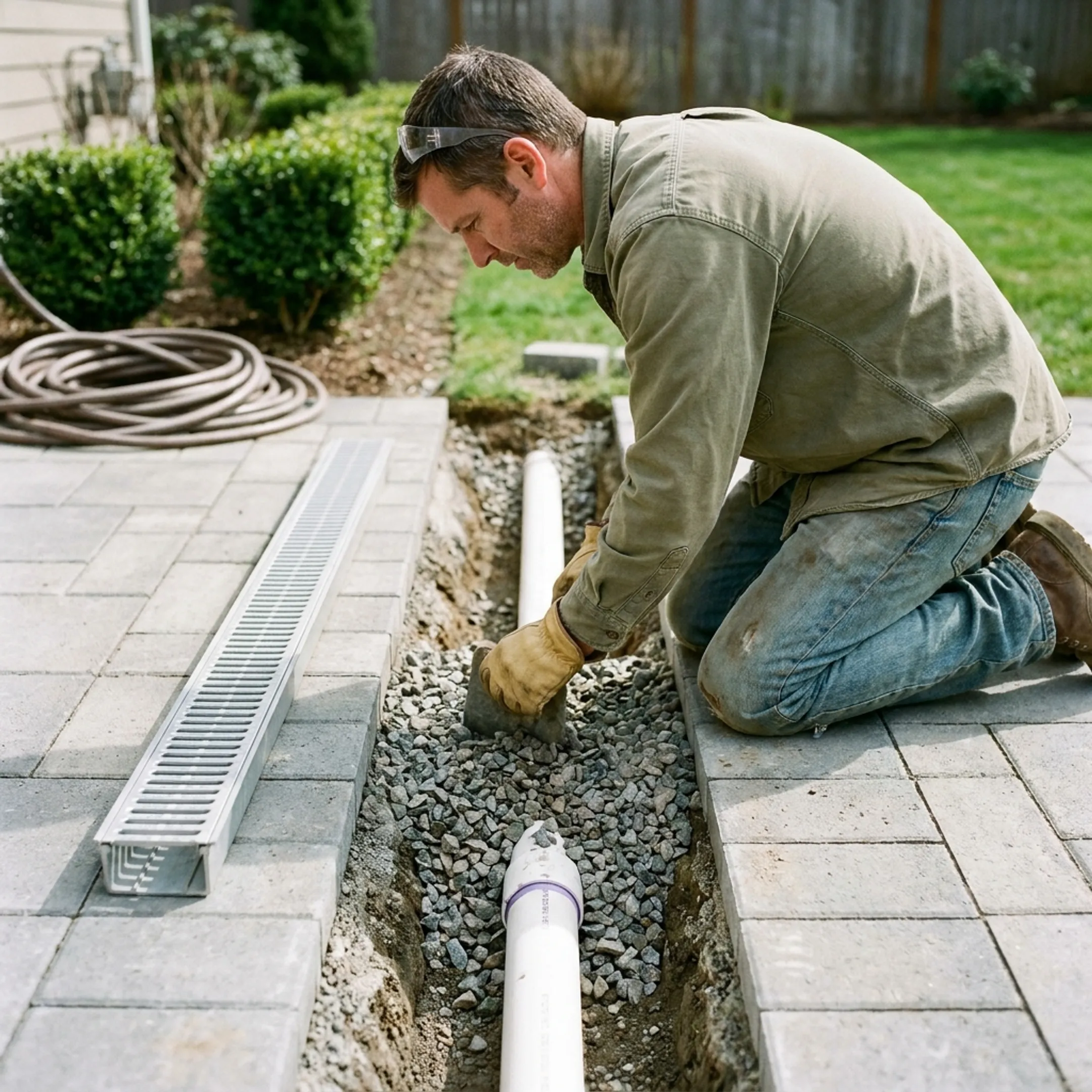 Drainage channel installed beside patio pavers