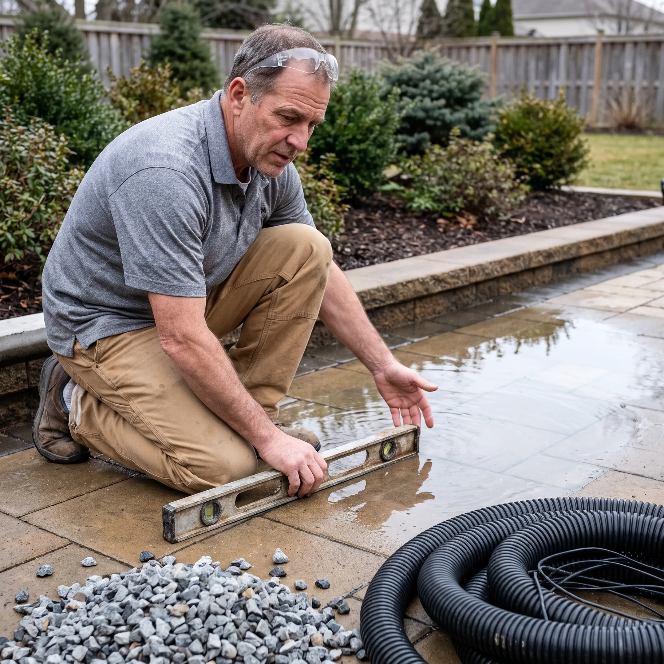 Contractor assessing drainage near a patio