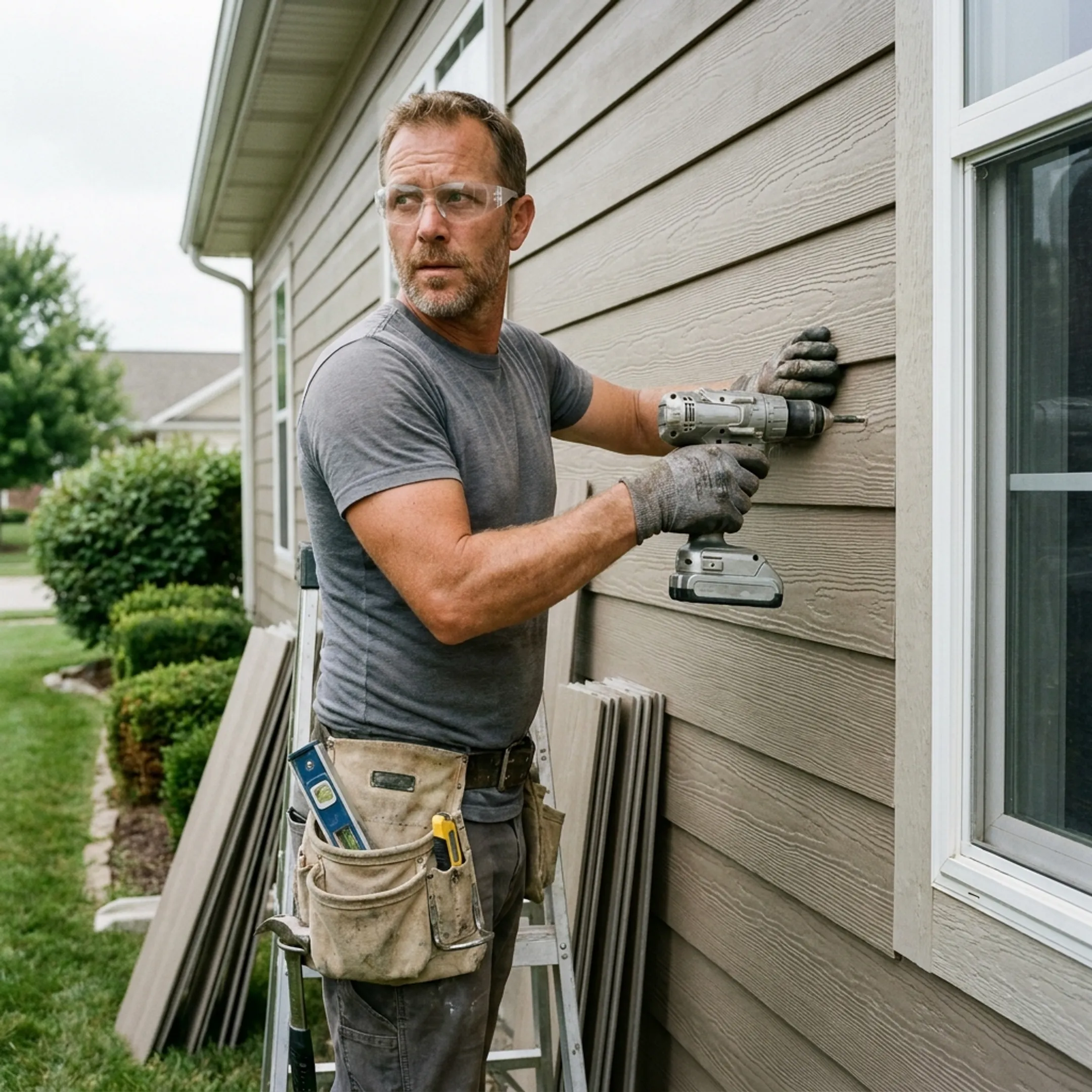 Contractor installing exterior house siding