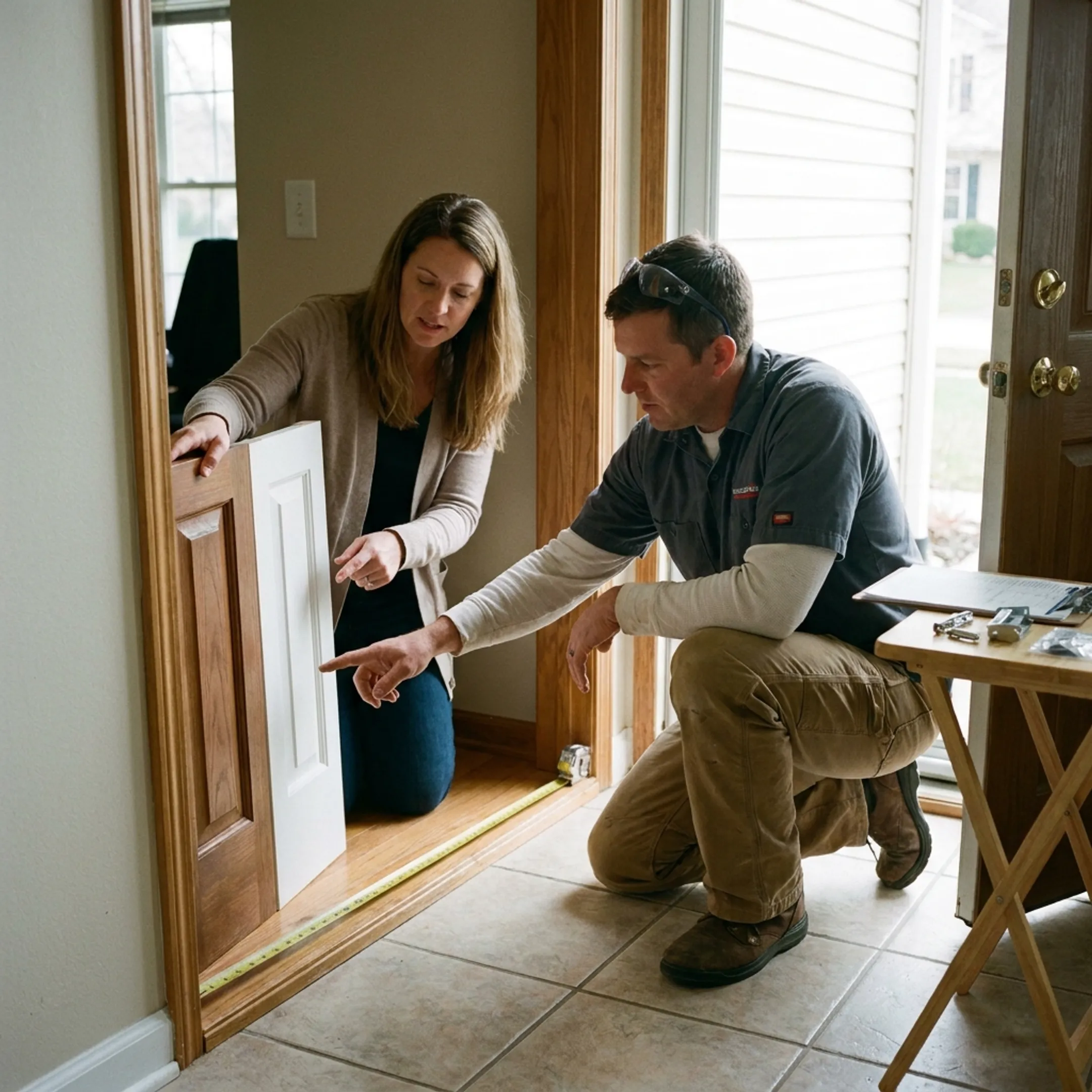 Homeowner discussing door options with contractor