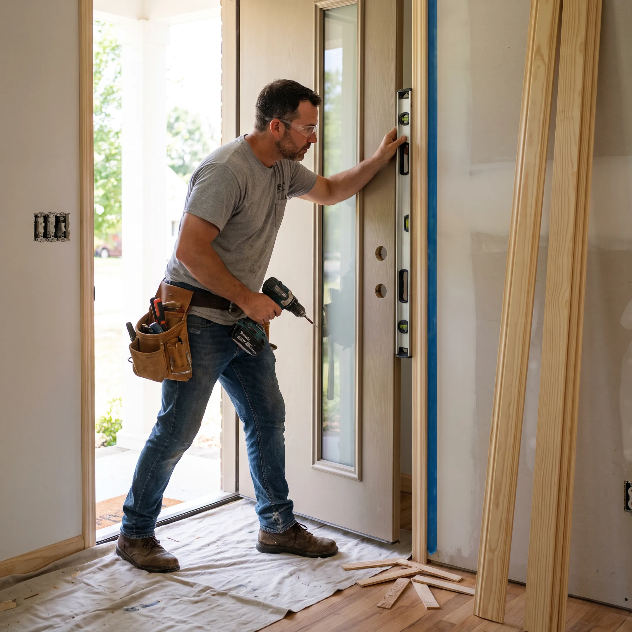 Contractor installing a new exterior door