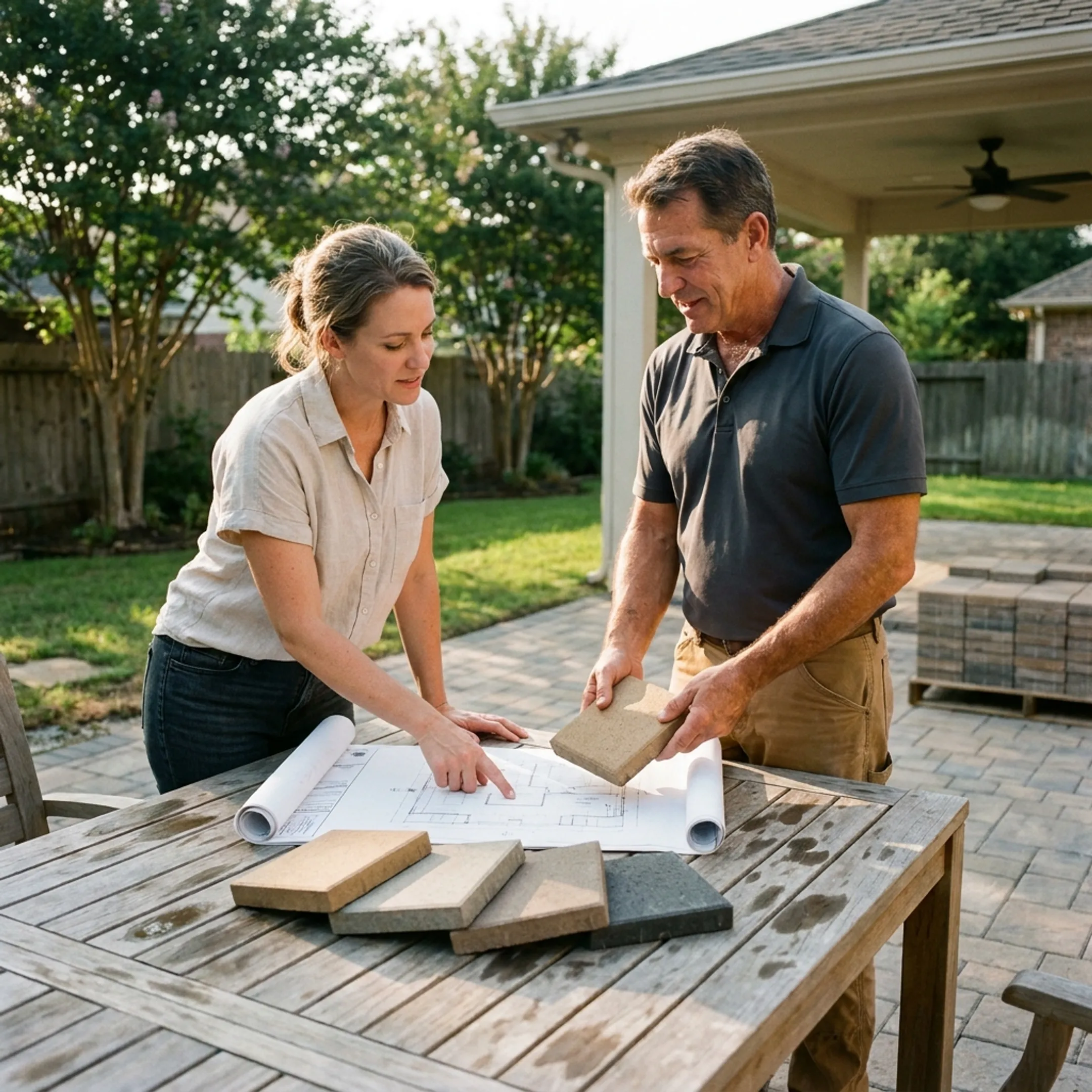 Homeowner reviewing paver patio plans with a contractor