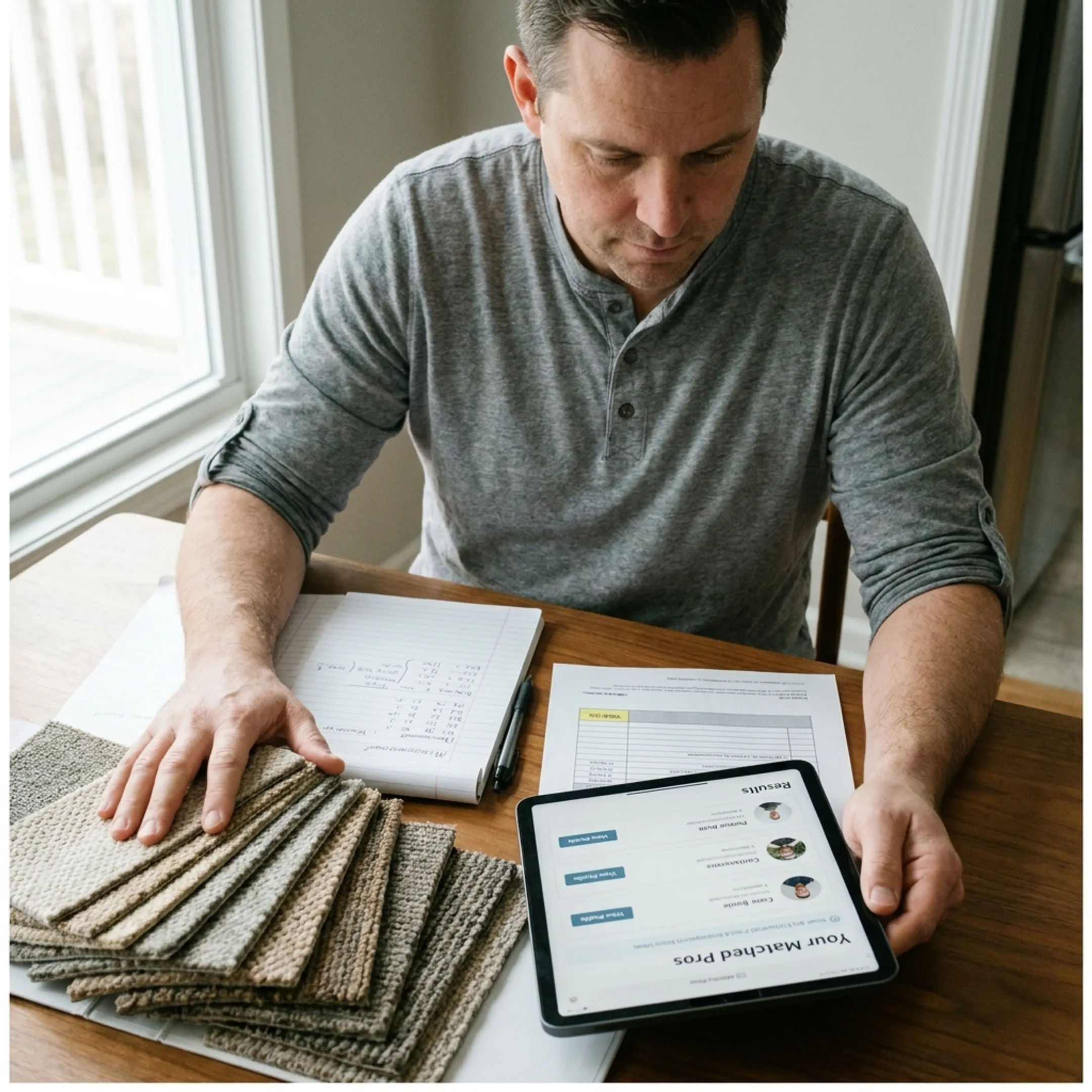 Homeowner comparing carpet samples and estimates