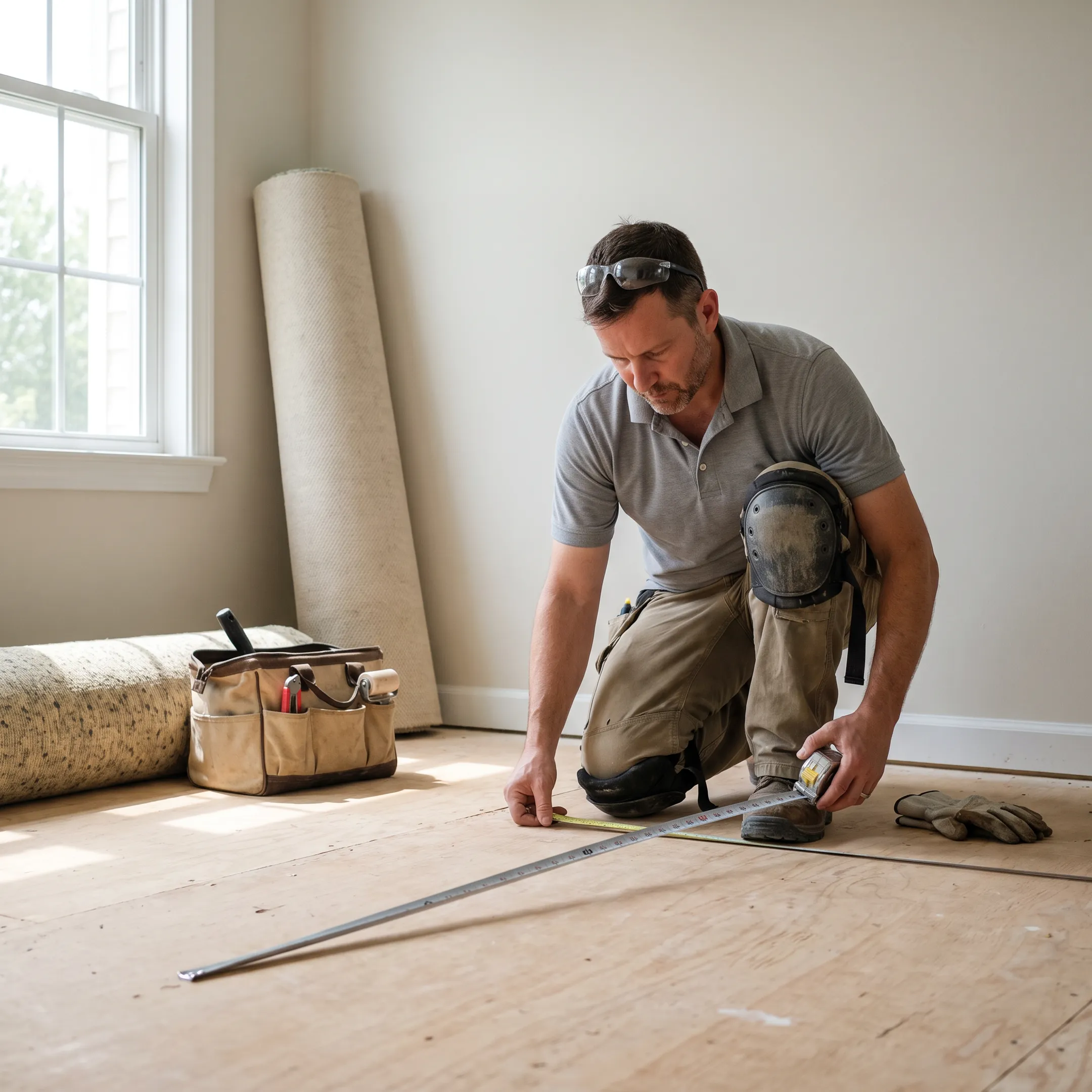 Installer measuring a room for new carpet