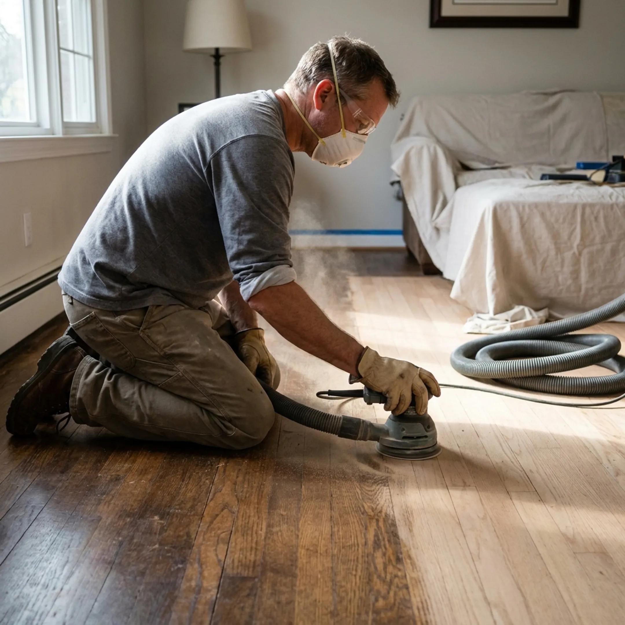 Professional refinishing a hardwood floor
