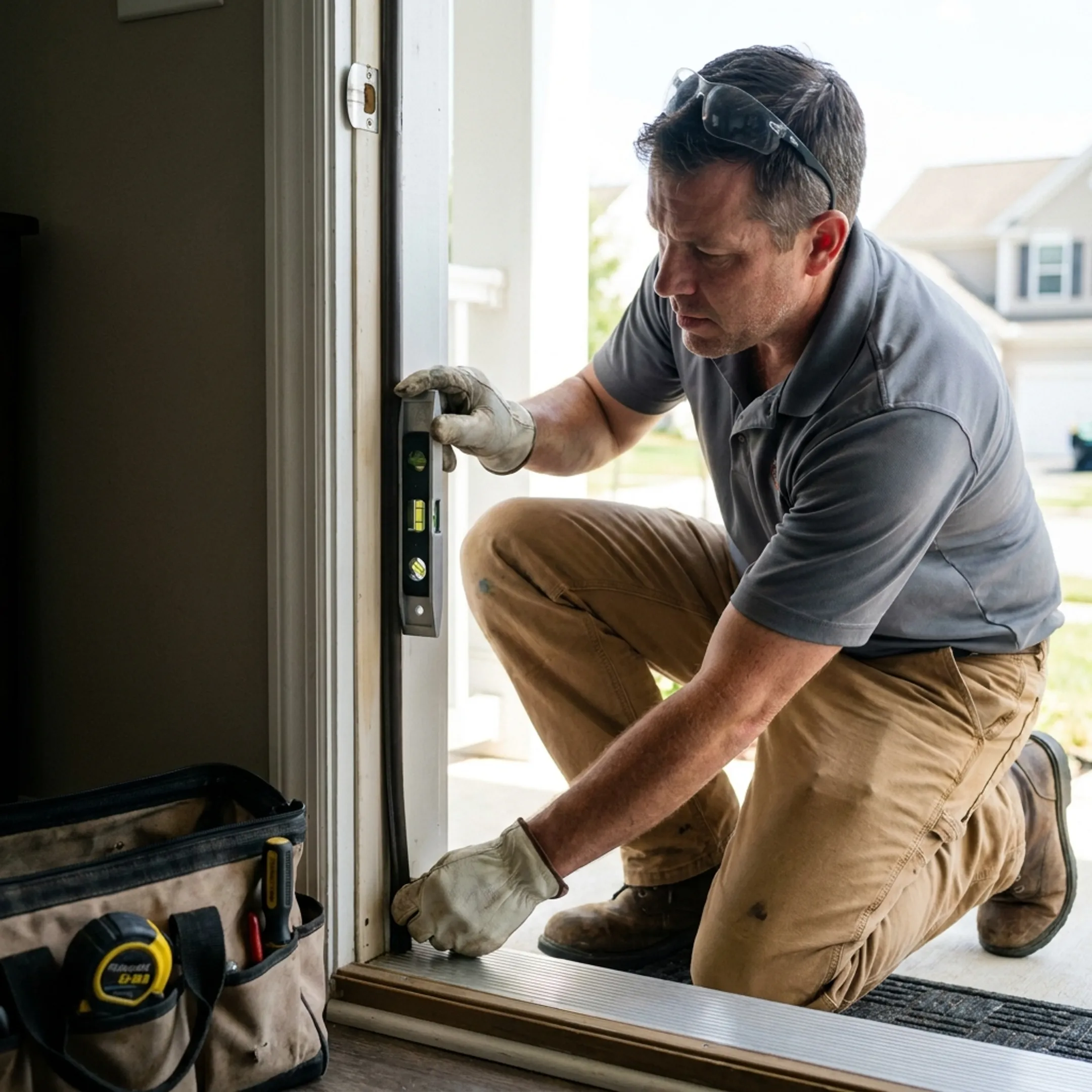 Contractor inspecting a residential exterior door